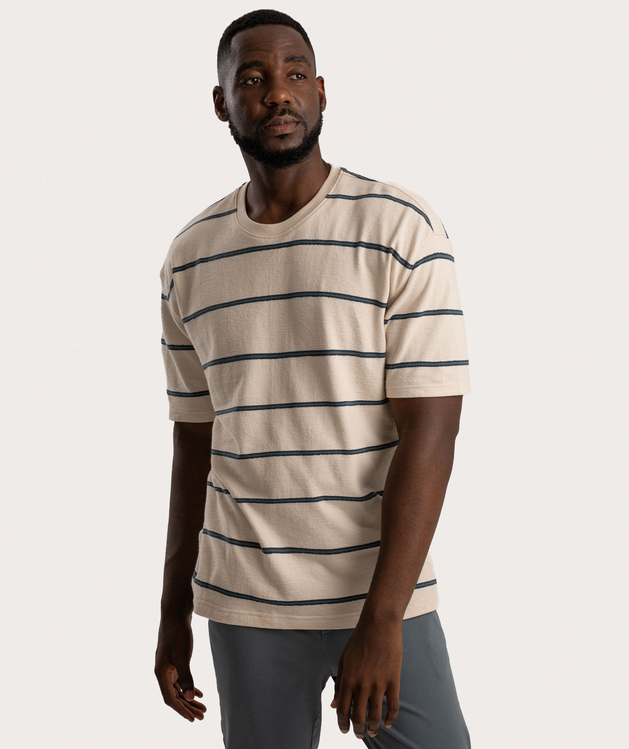 Mens Relaxed Interest Tee - Ecru Stripe