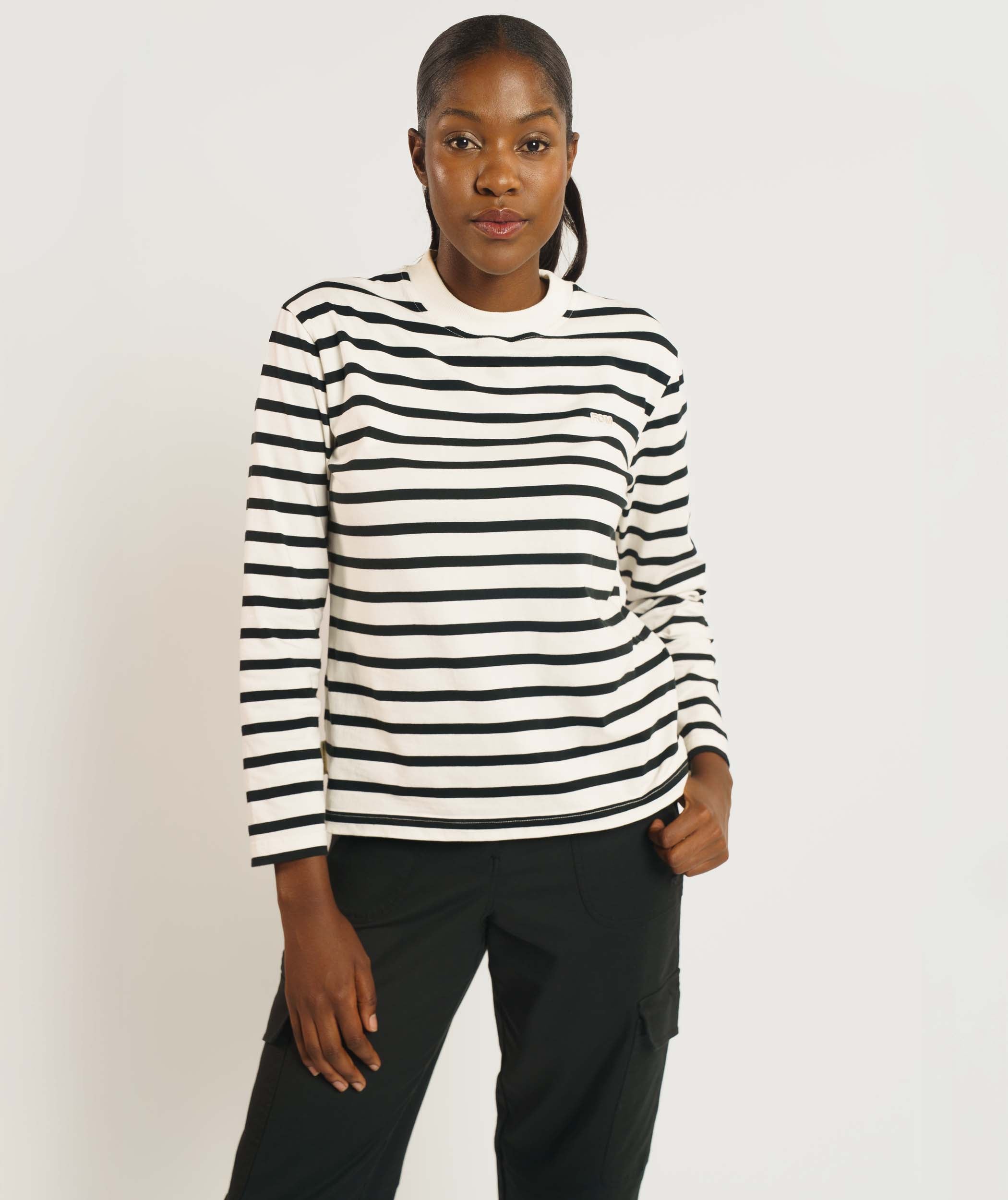 Ladies Regular Fit Long Sleeve Tee - Black & Ecru