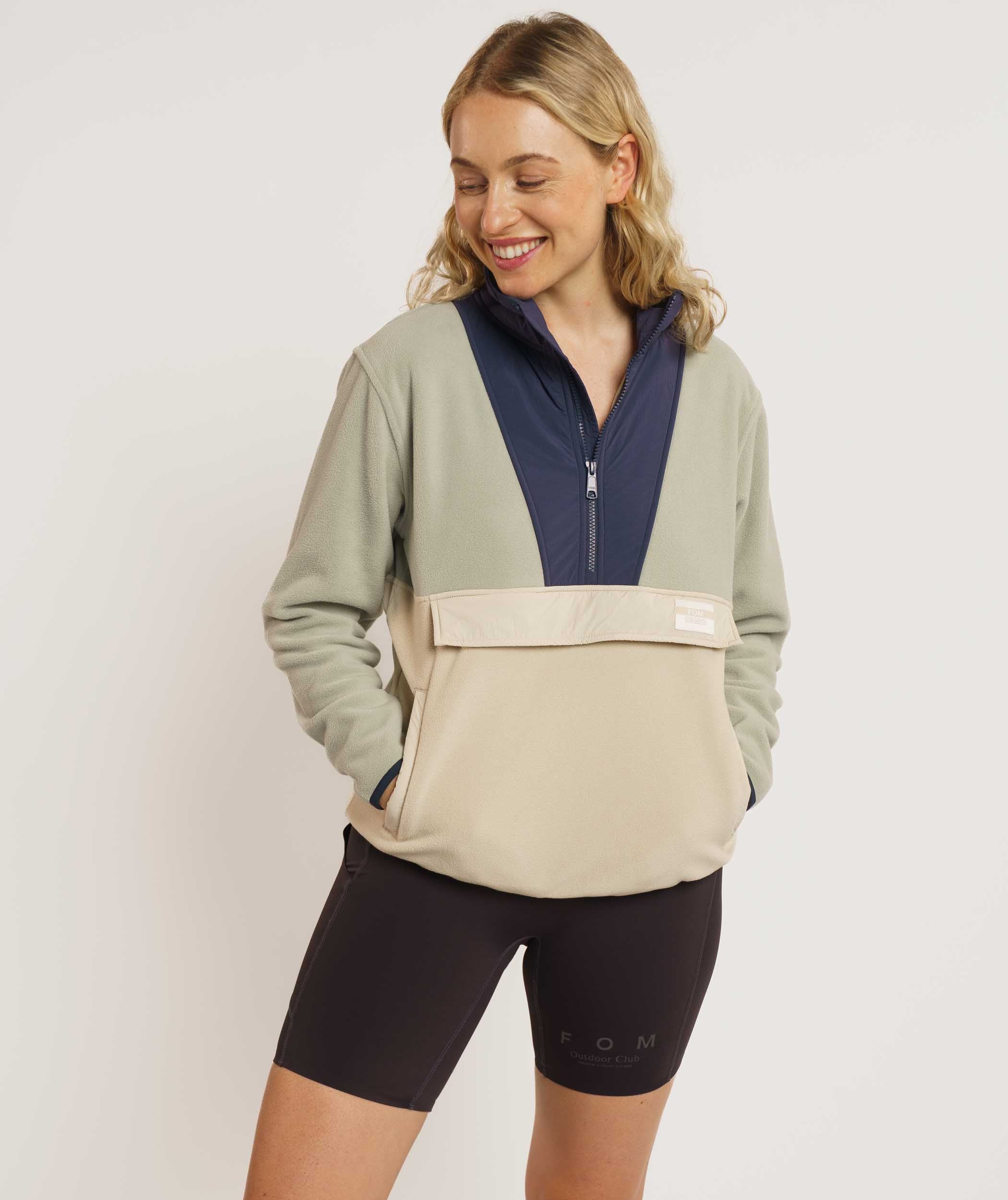 Ladies 1/4 Zip Colour Block Sweater - Sand Multi