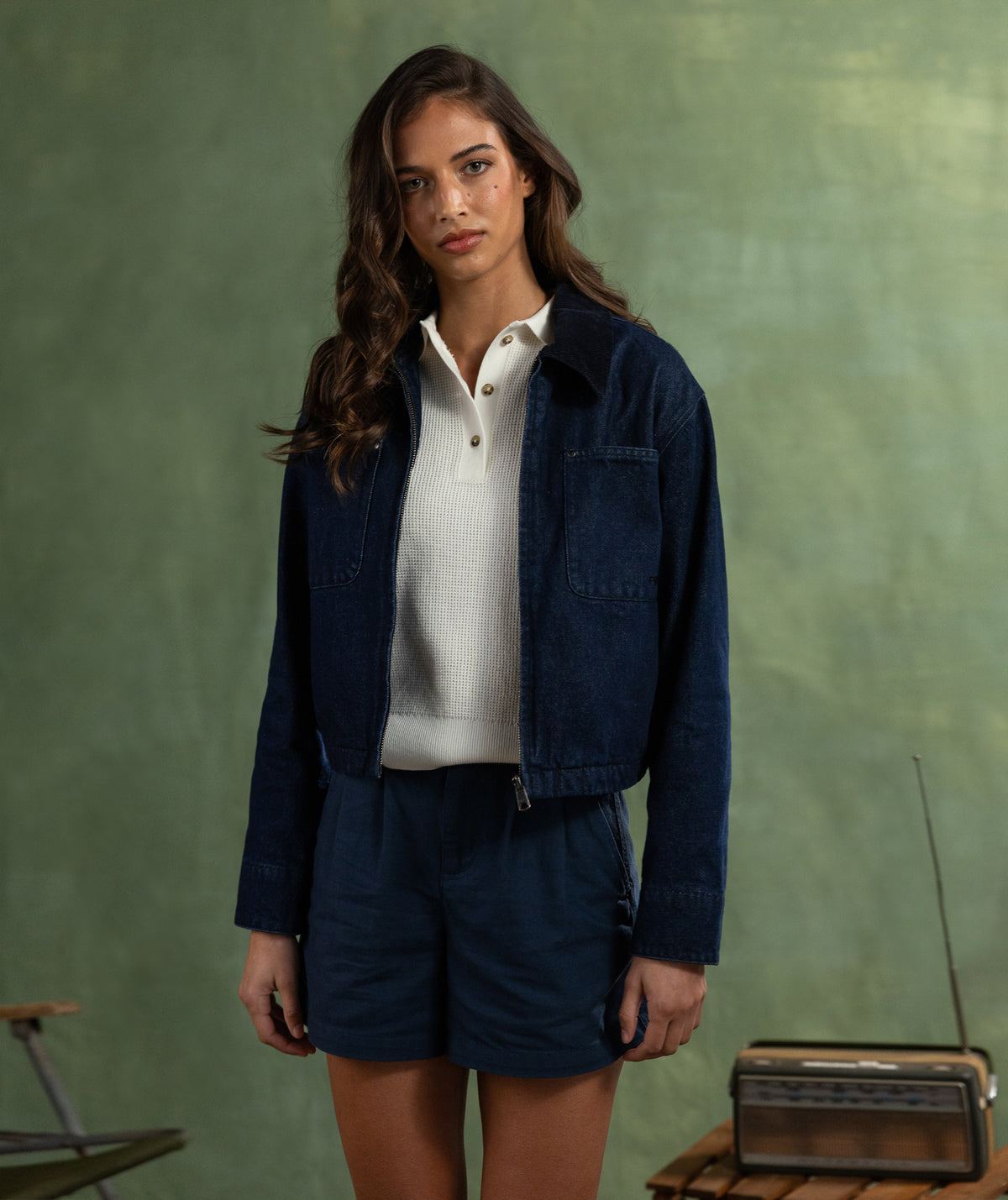 Ladies Cord Collar Denim Jacket - Dark Wash
