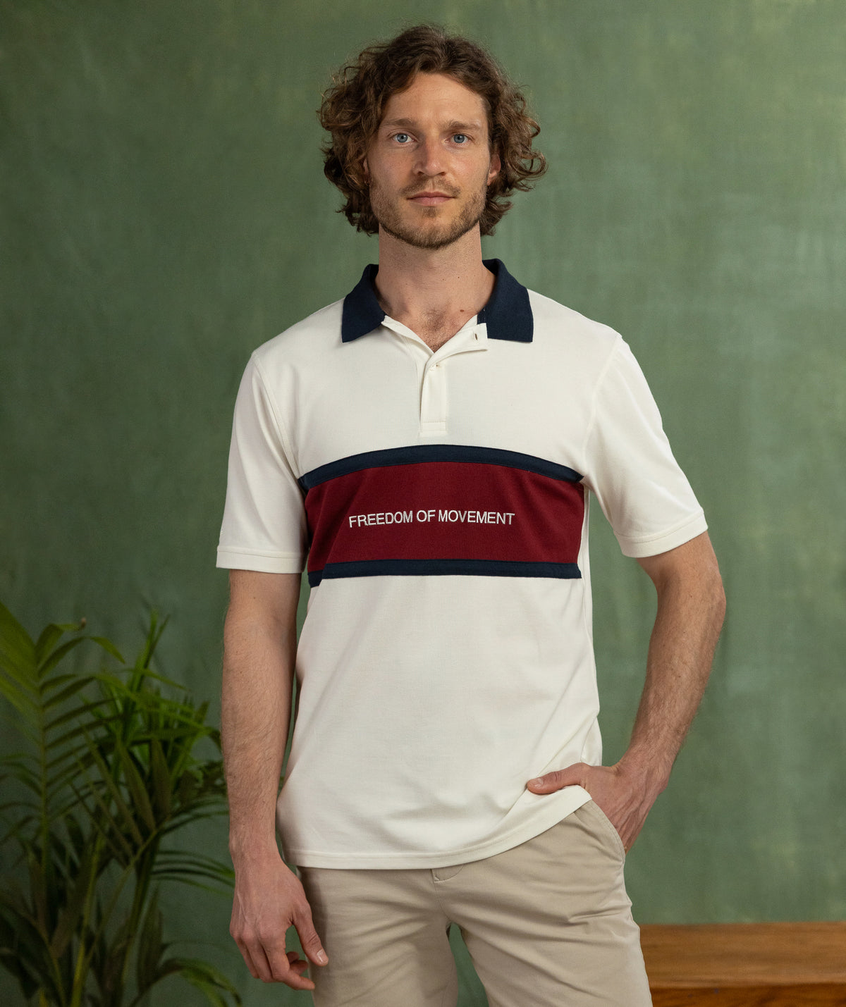Mens Colour Block Golfer - Ivory/ Burgundy/ Navy