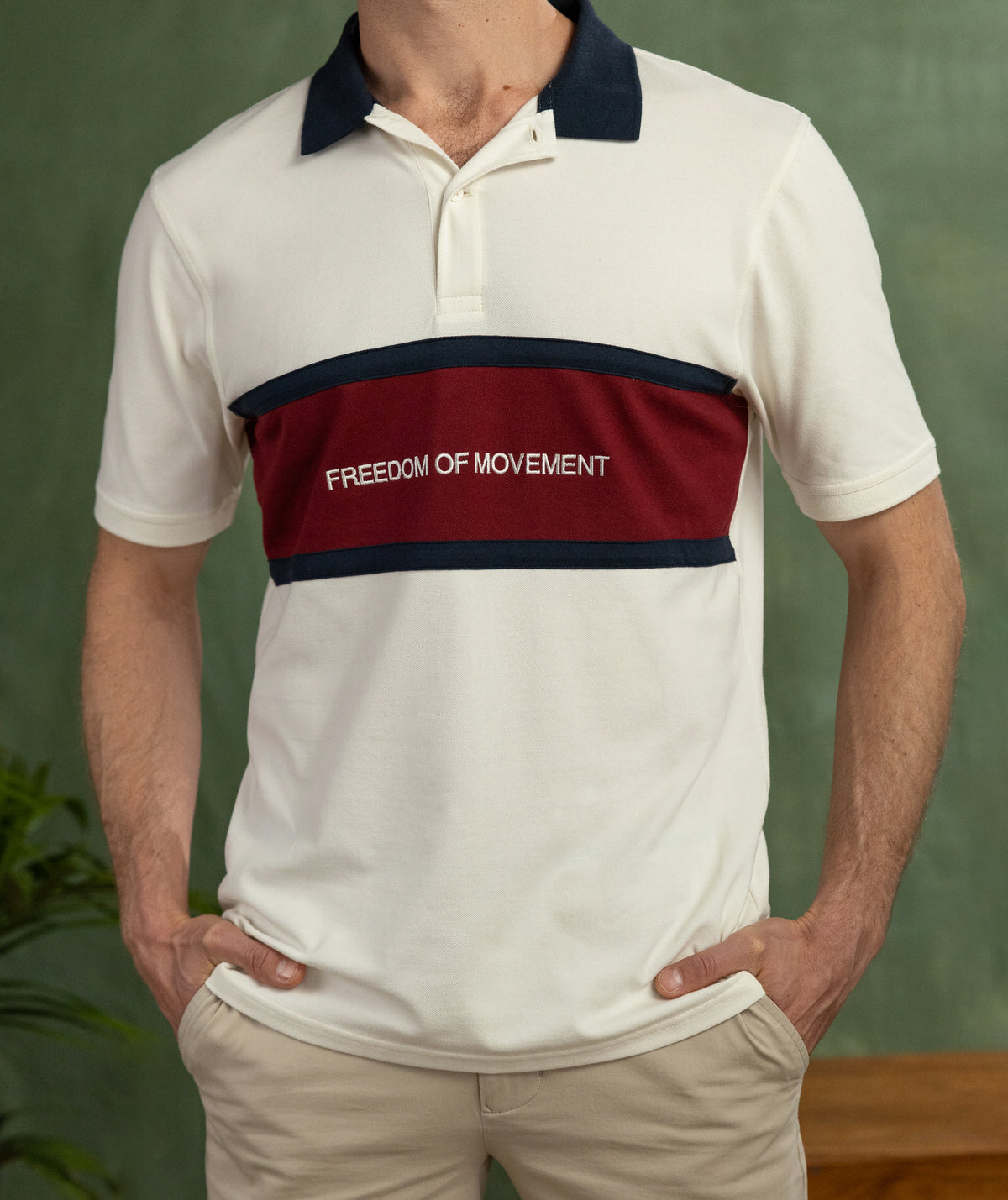 Mens Colour Block Golfer - Ivory/ Burgundy/ Navy