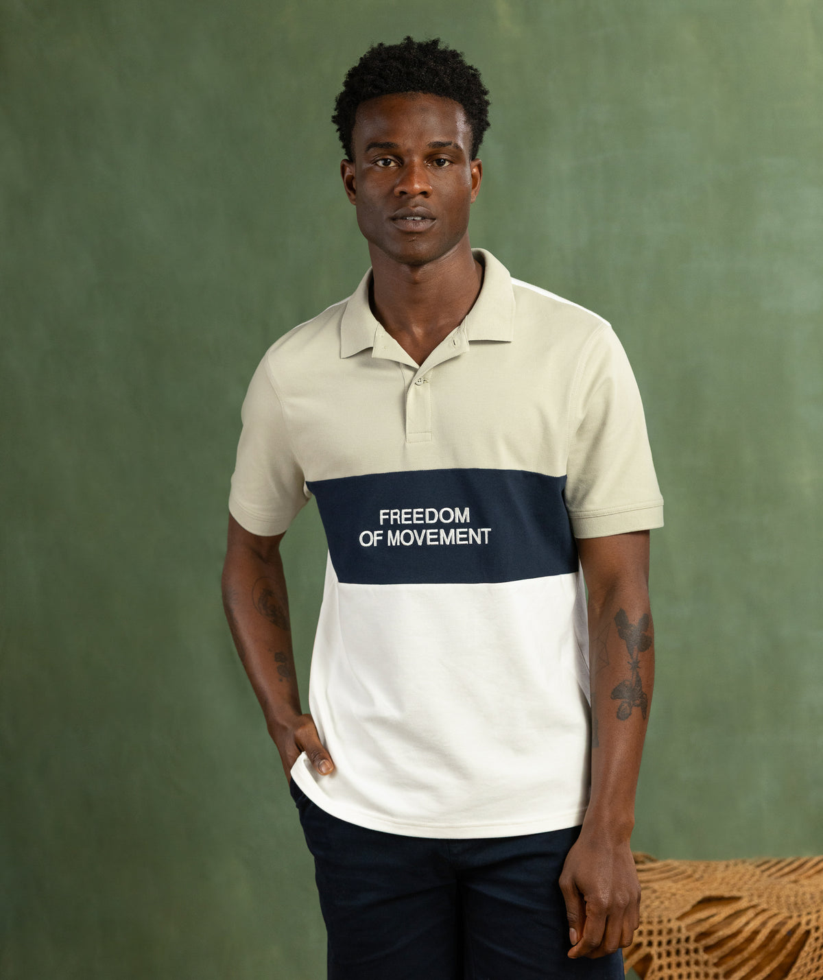Mens Colour Block Golfer - Sage/ Navy/ Ivory
