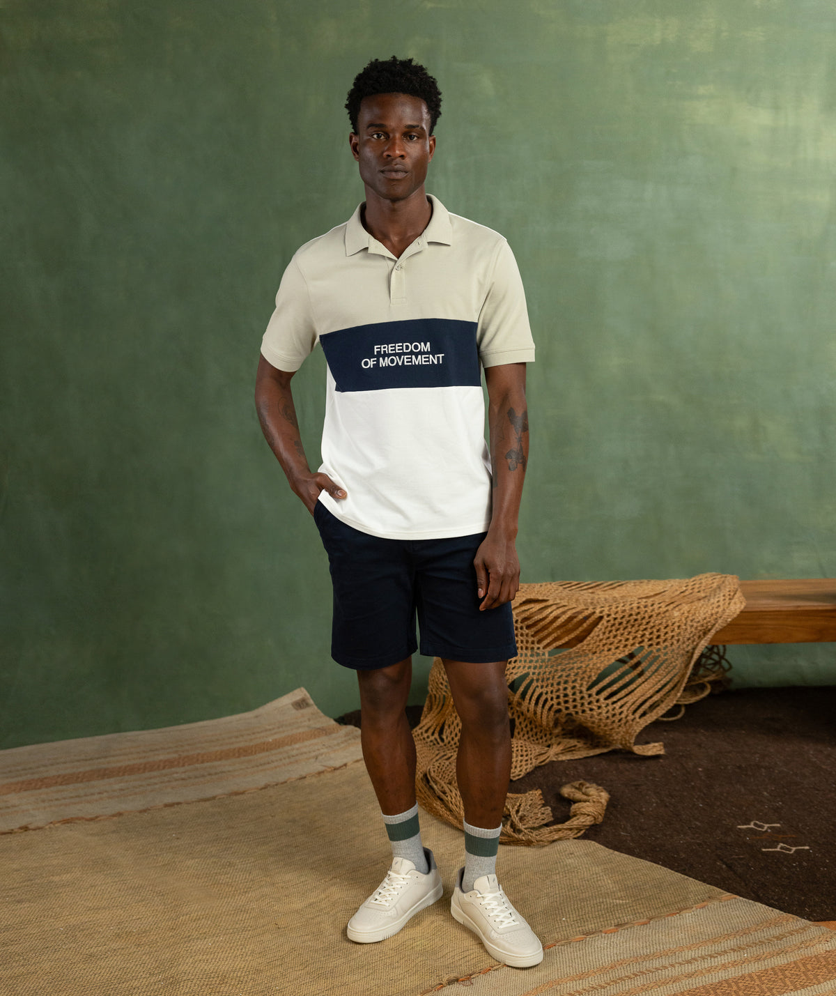 Mens Colour Block Golfer - Sage/ Navy/ Ivory