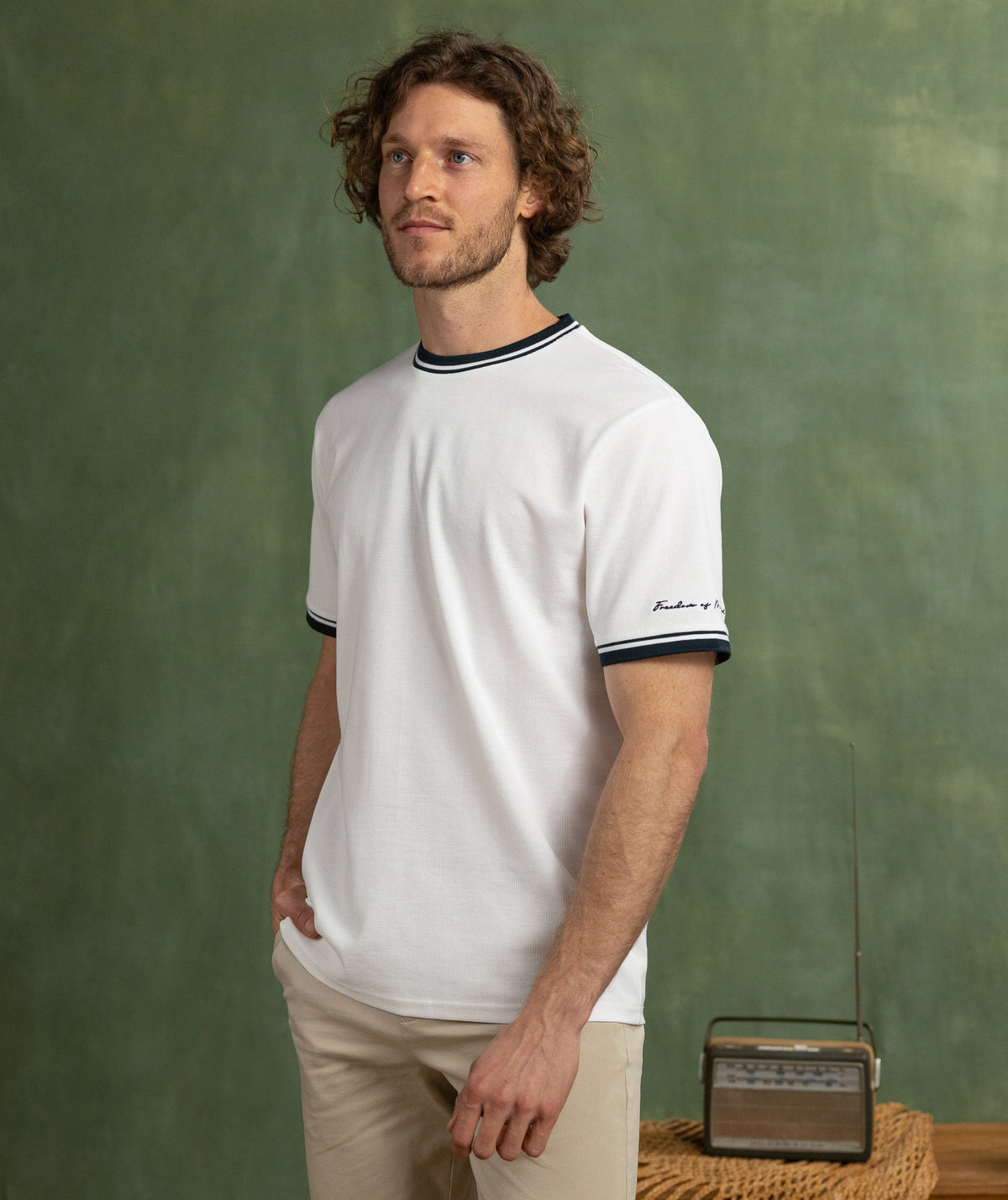 Mens Mirco Waffle Regular Tee - White & Navy