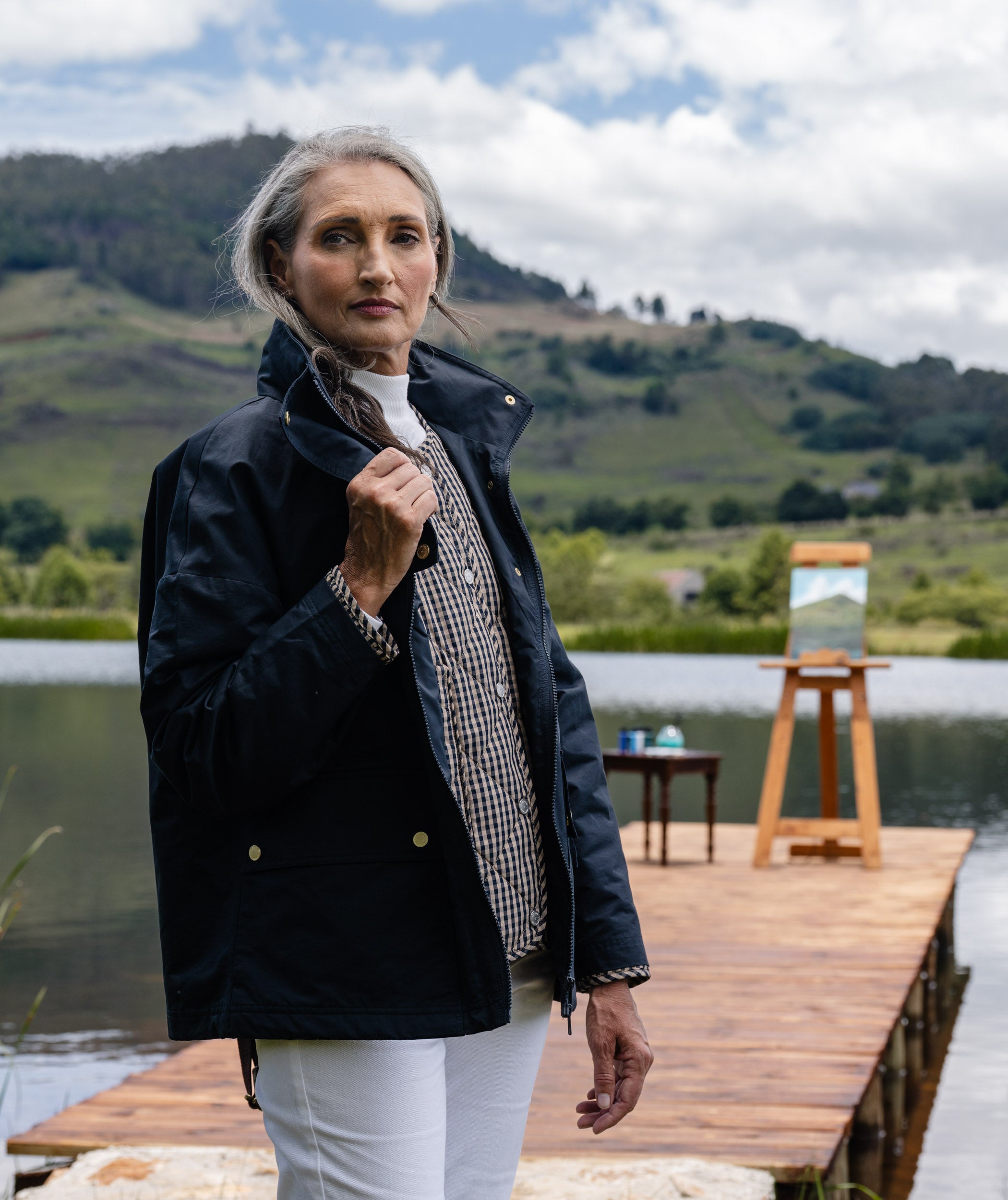 Ladies Check Quilted Jacket - Navy & Stone