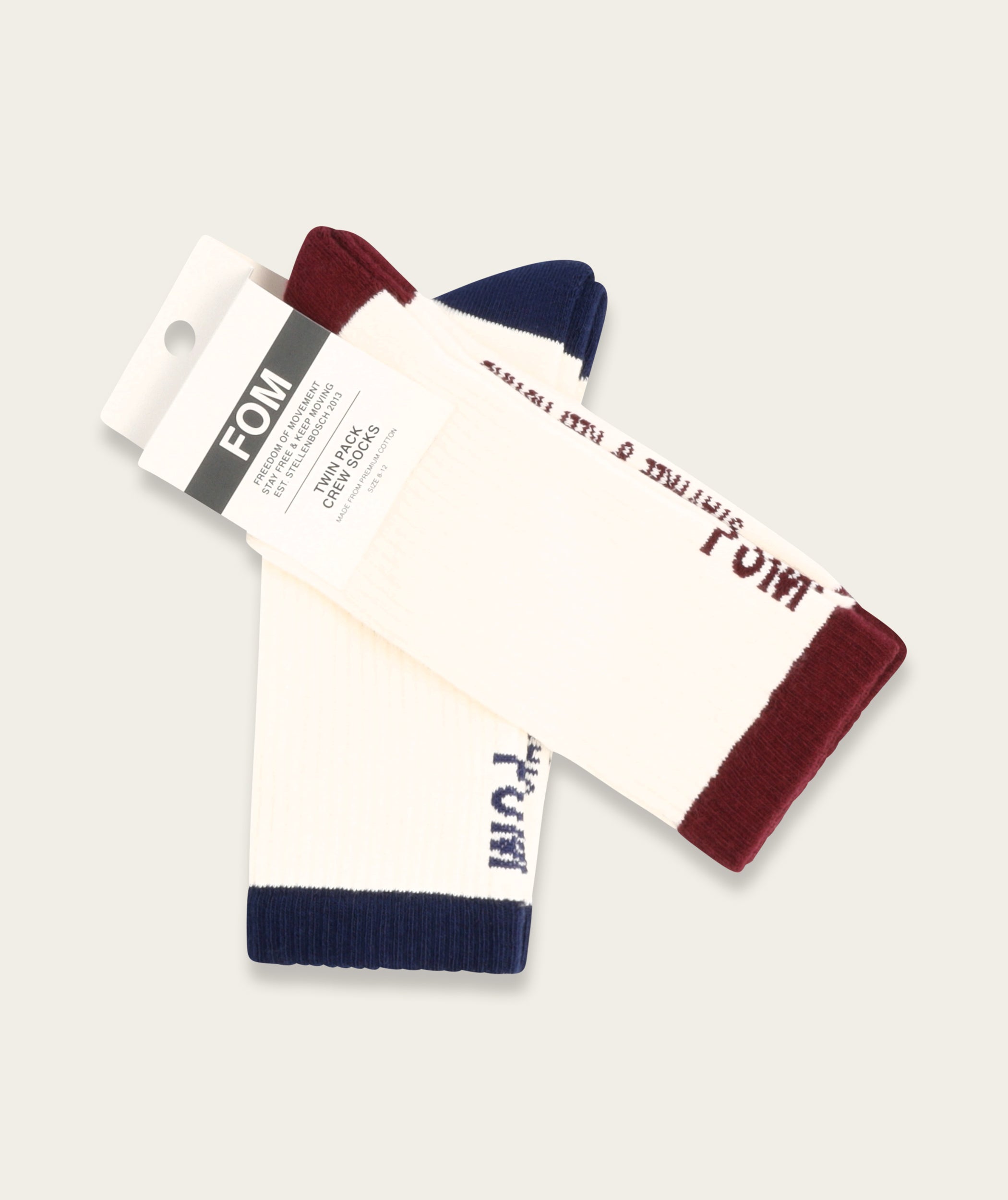 Socks Crew Twin Pack - Off-White Navy + Burgundy (Size 8-12)