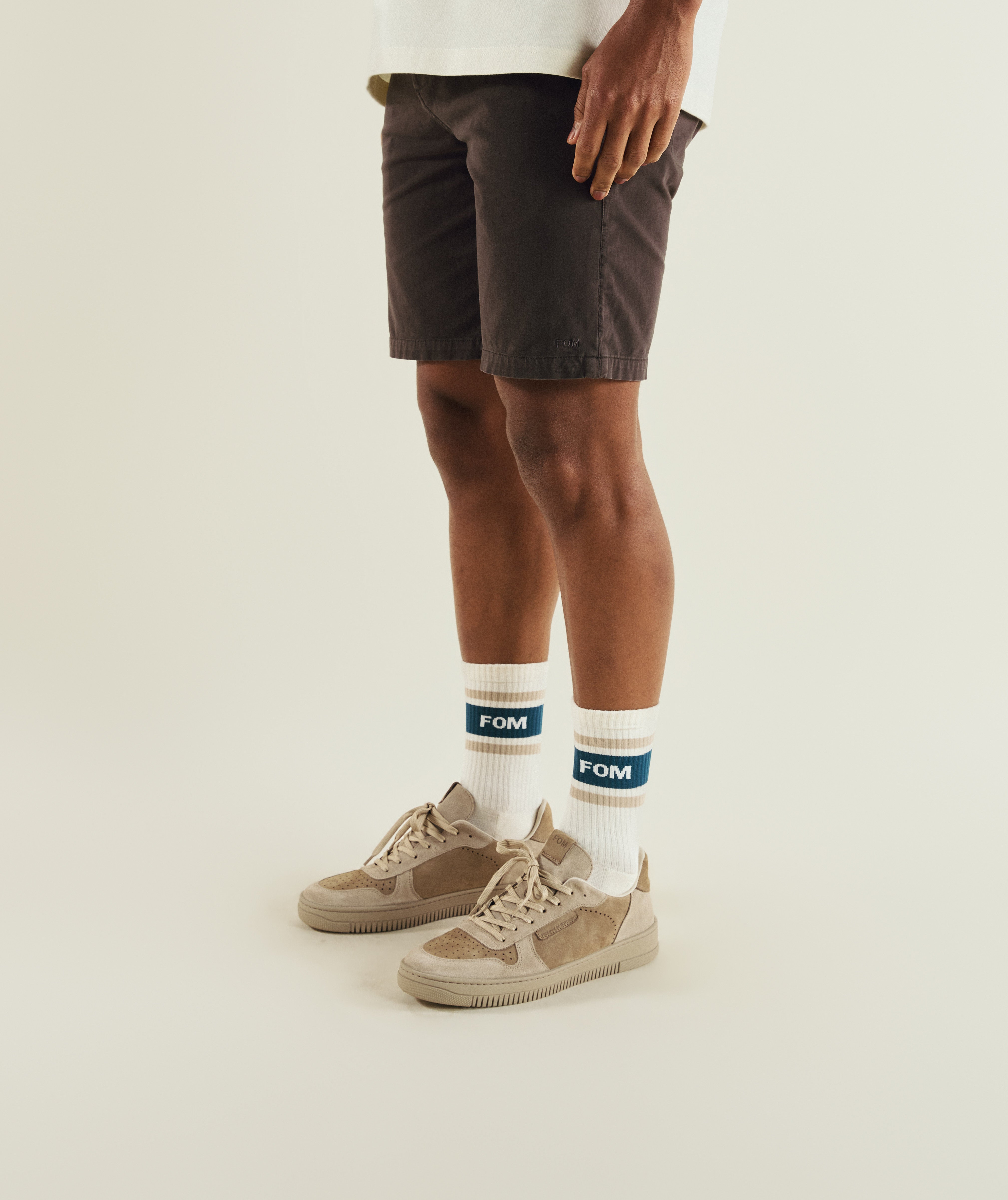 FOM cotton twill chino shorts in charcoal, on-model view