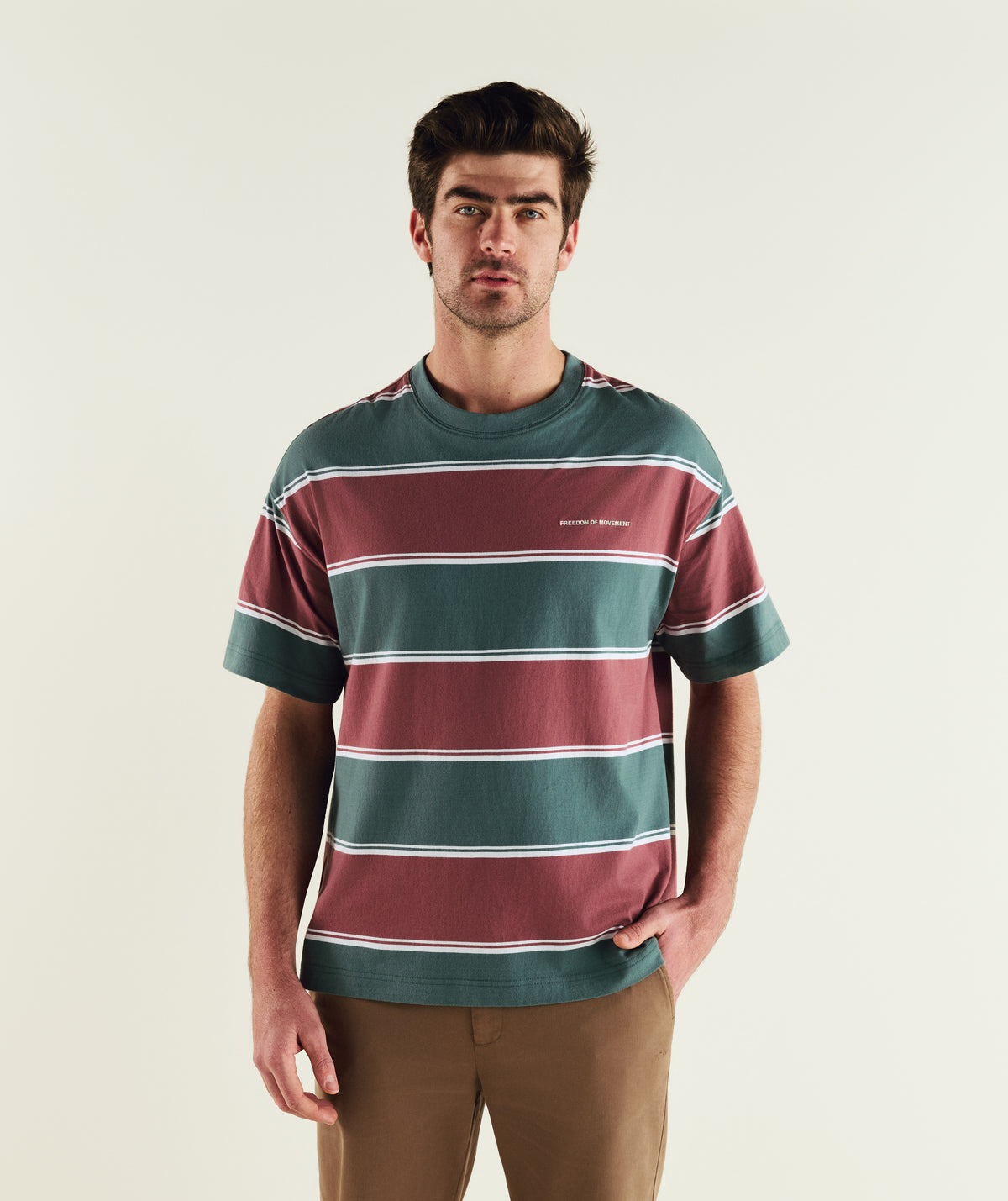 Mens Relaxed Stripe Tee - Burgundy & Green
