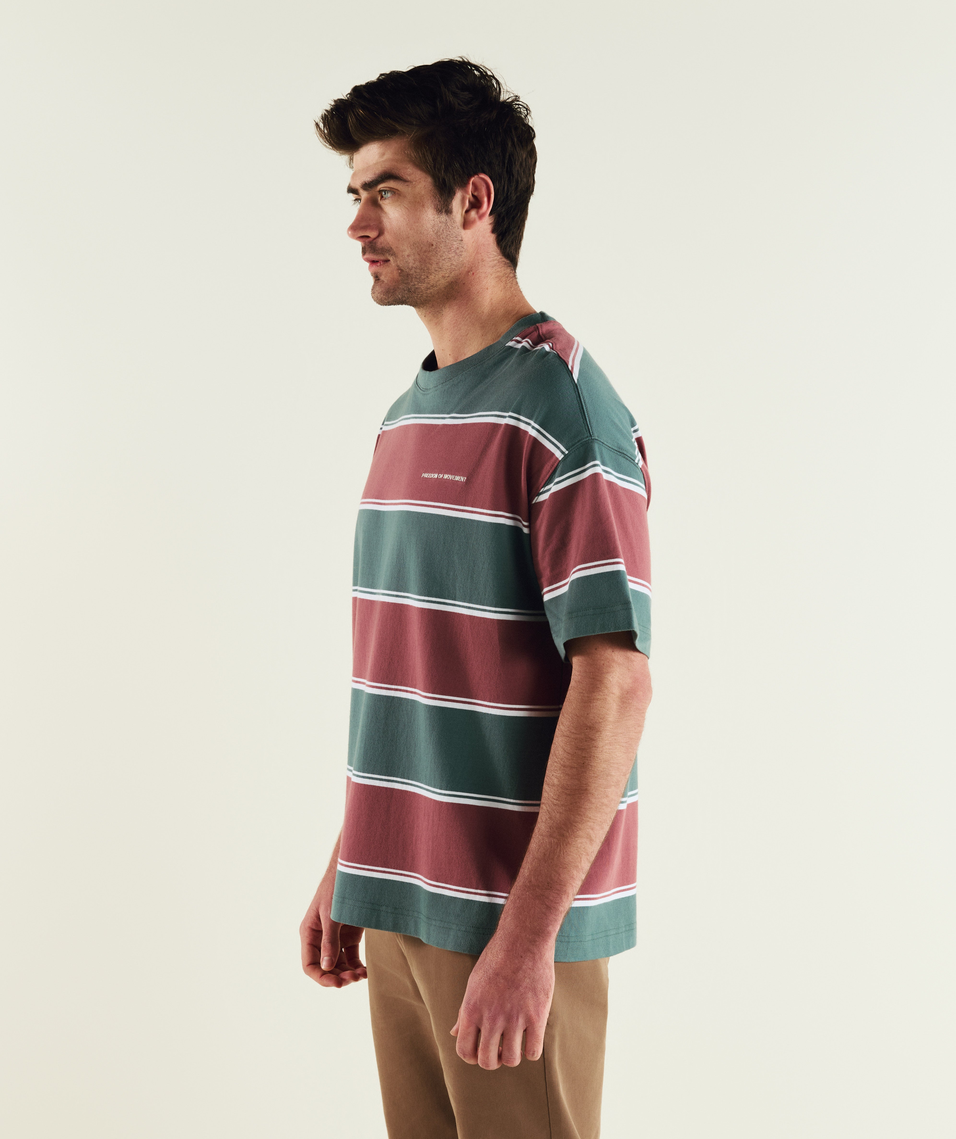FOM relaxed stripe tee in burgundy and green, on-model view