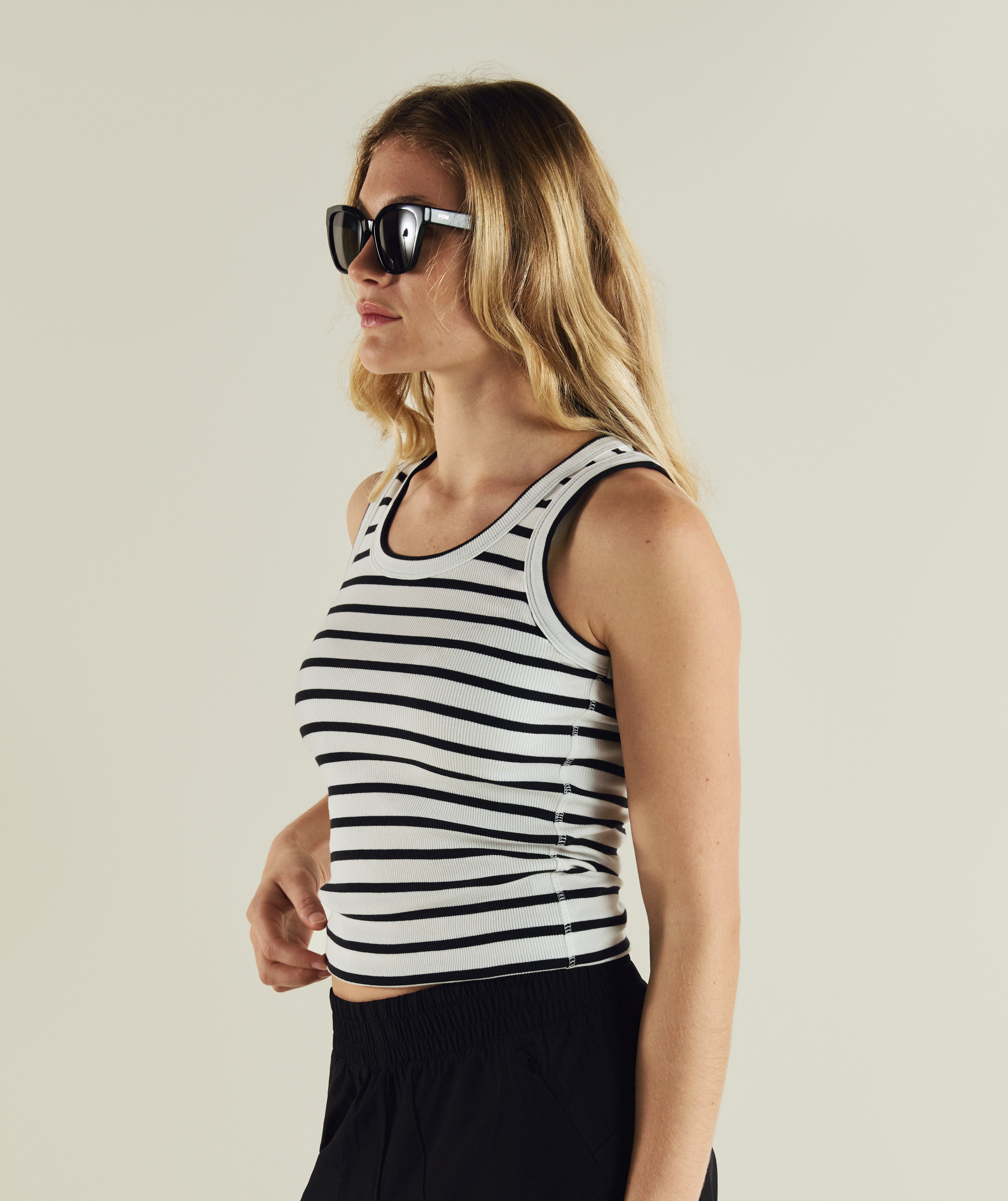 FOM ladies stripe tank in black and white, on-model view