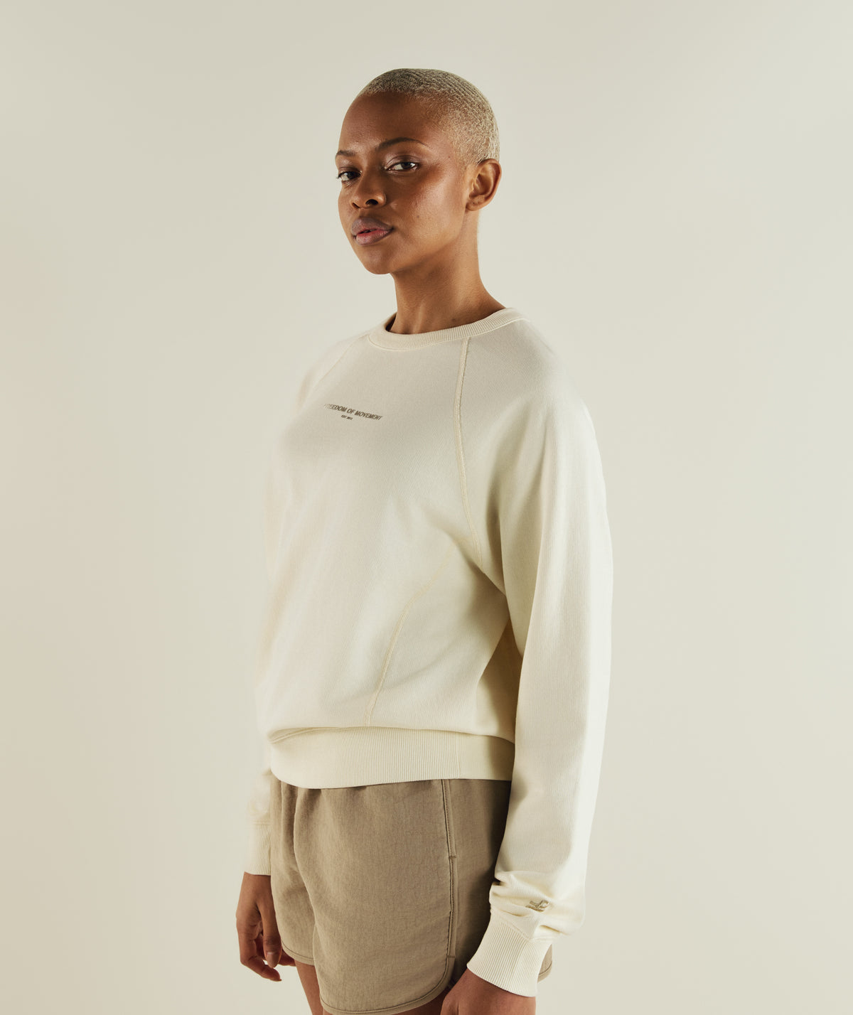 FOM ladies textured crew neck sweat in ivory, on-model view