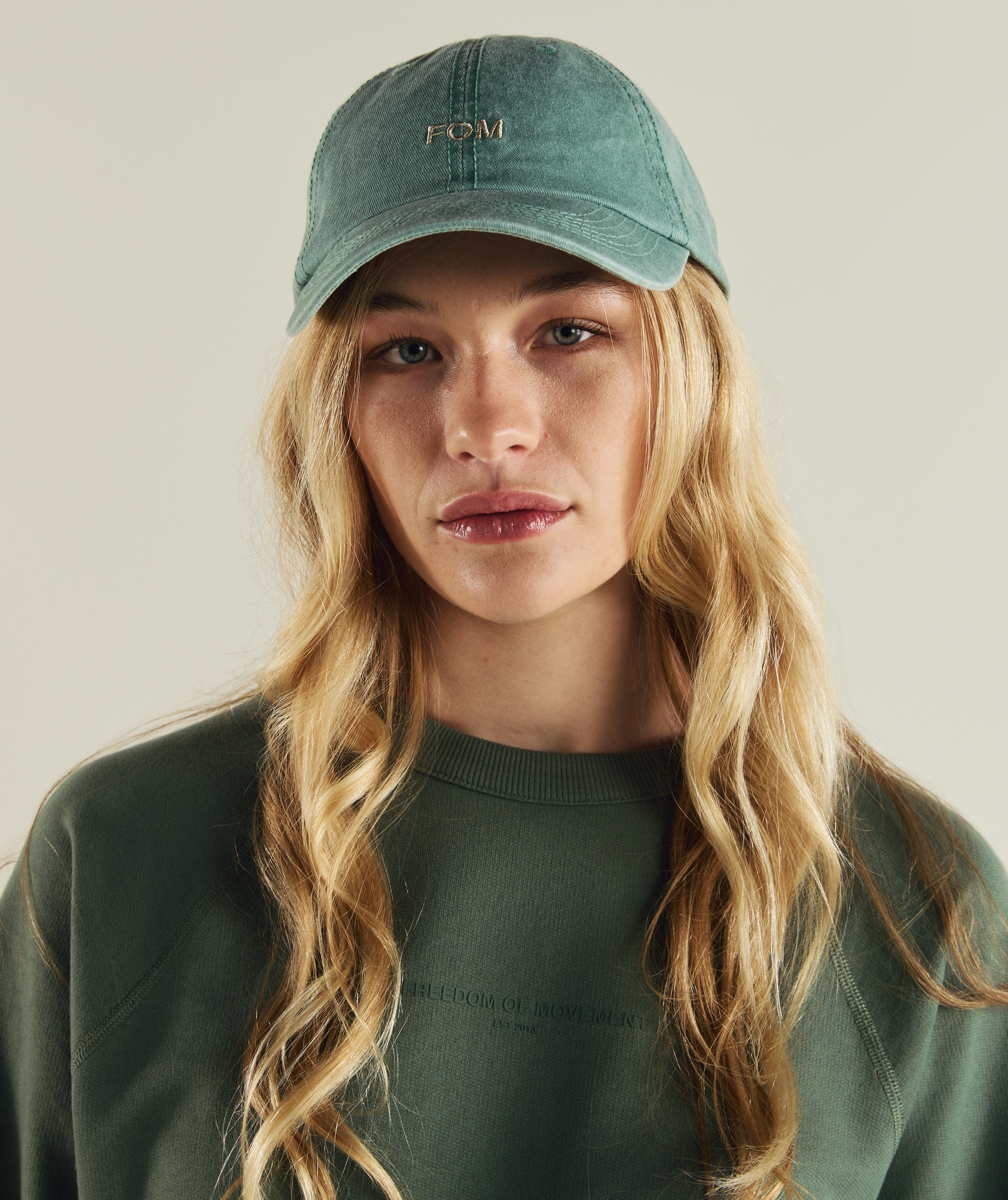 FOM ladies textured crew neck sweat in sage green, on-model view