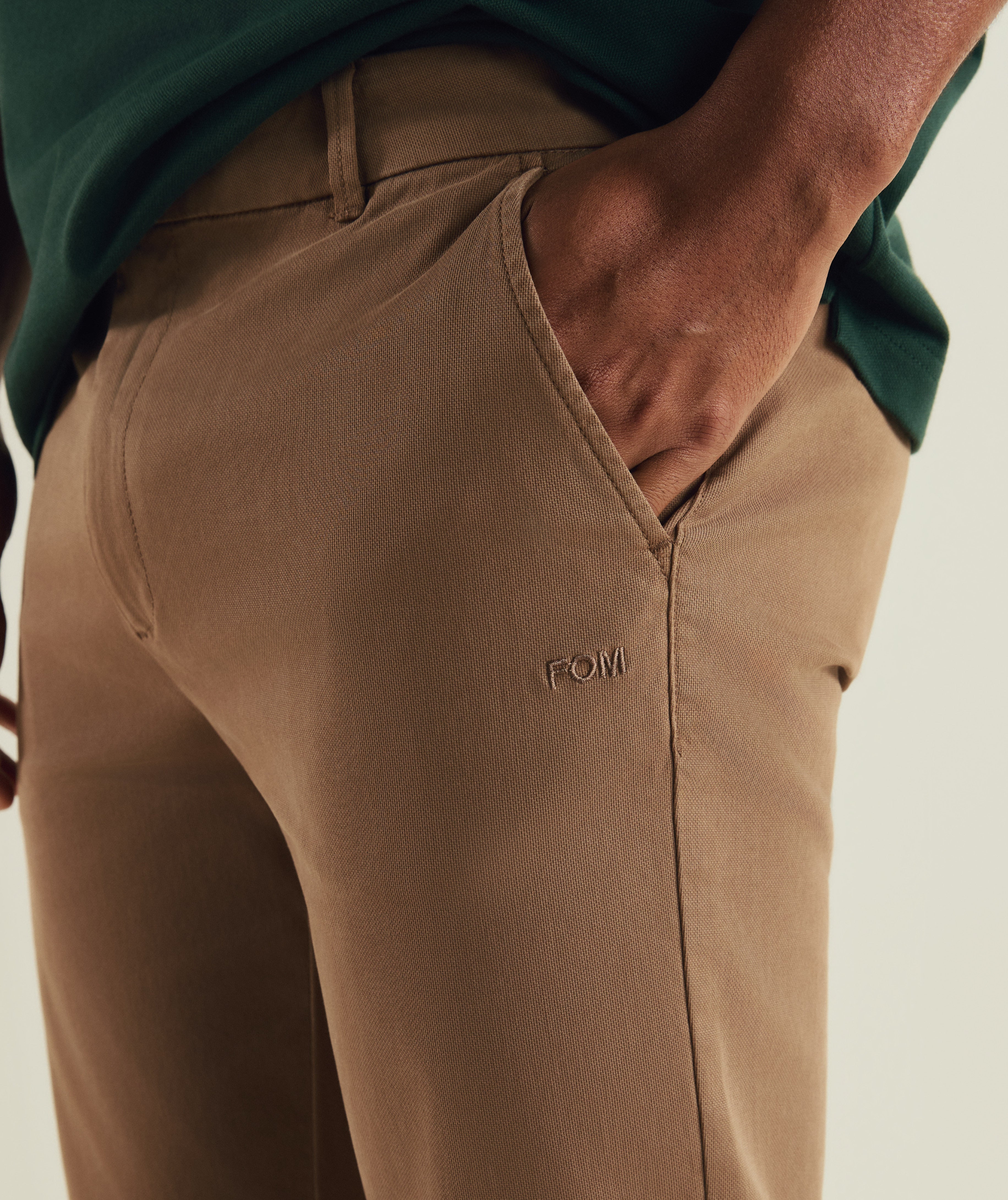 FOM cotton twill chino pants in coffee, on-model view