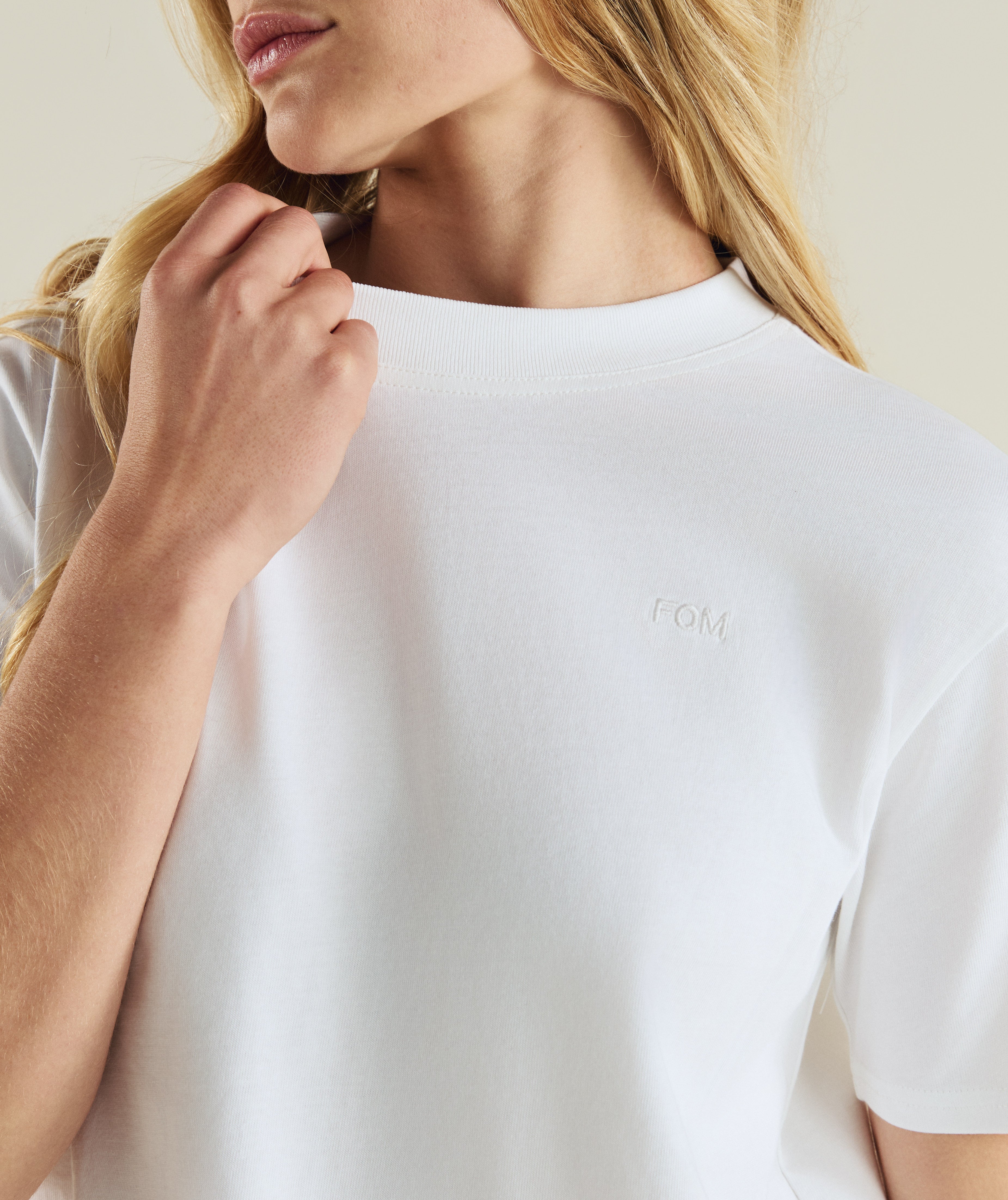 FOM ladies regular tee in white, on-model view