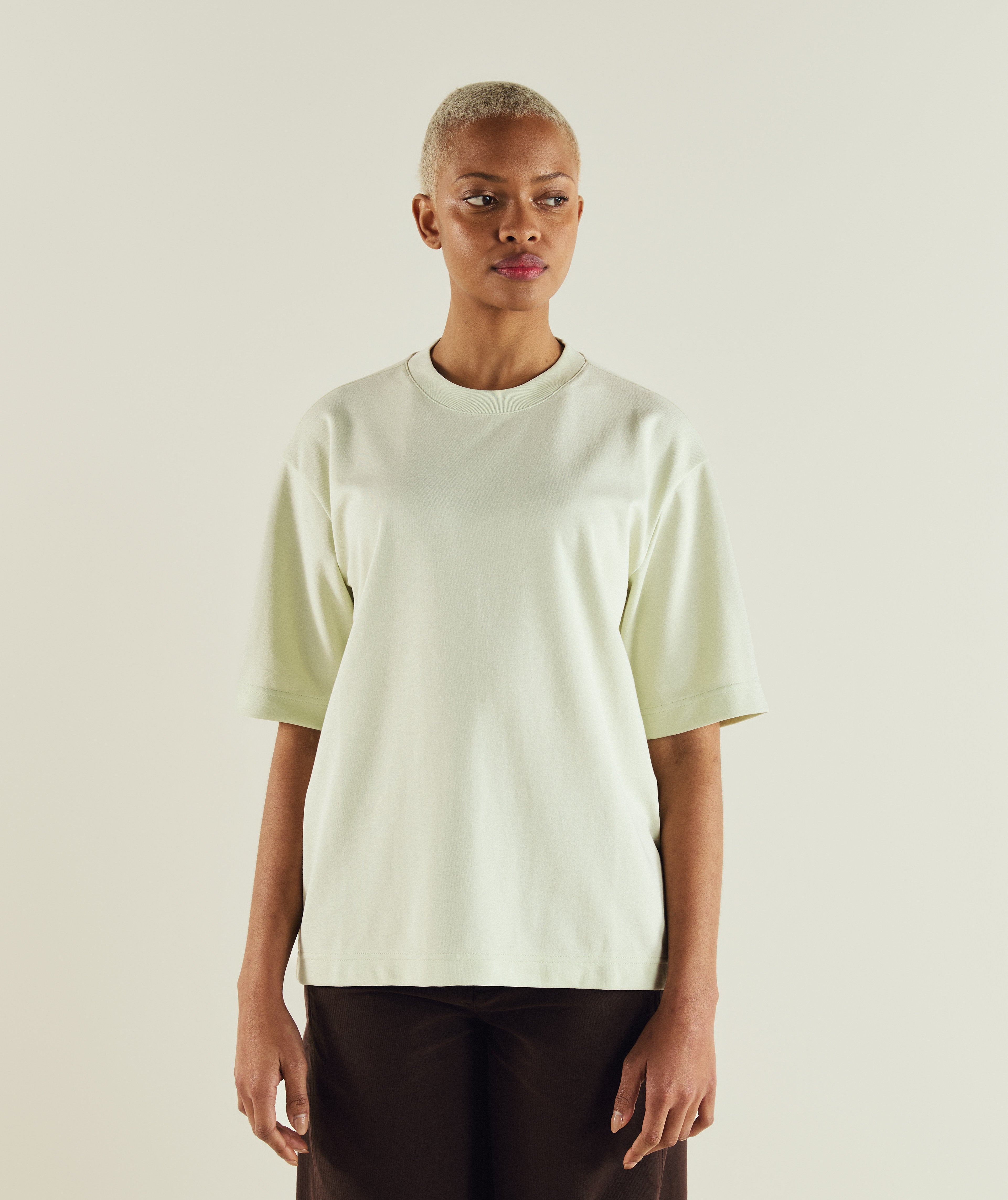 FOM ladies oversized interlock tee in aloe, on-model view