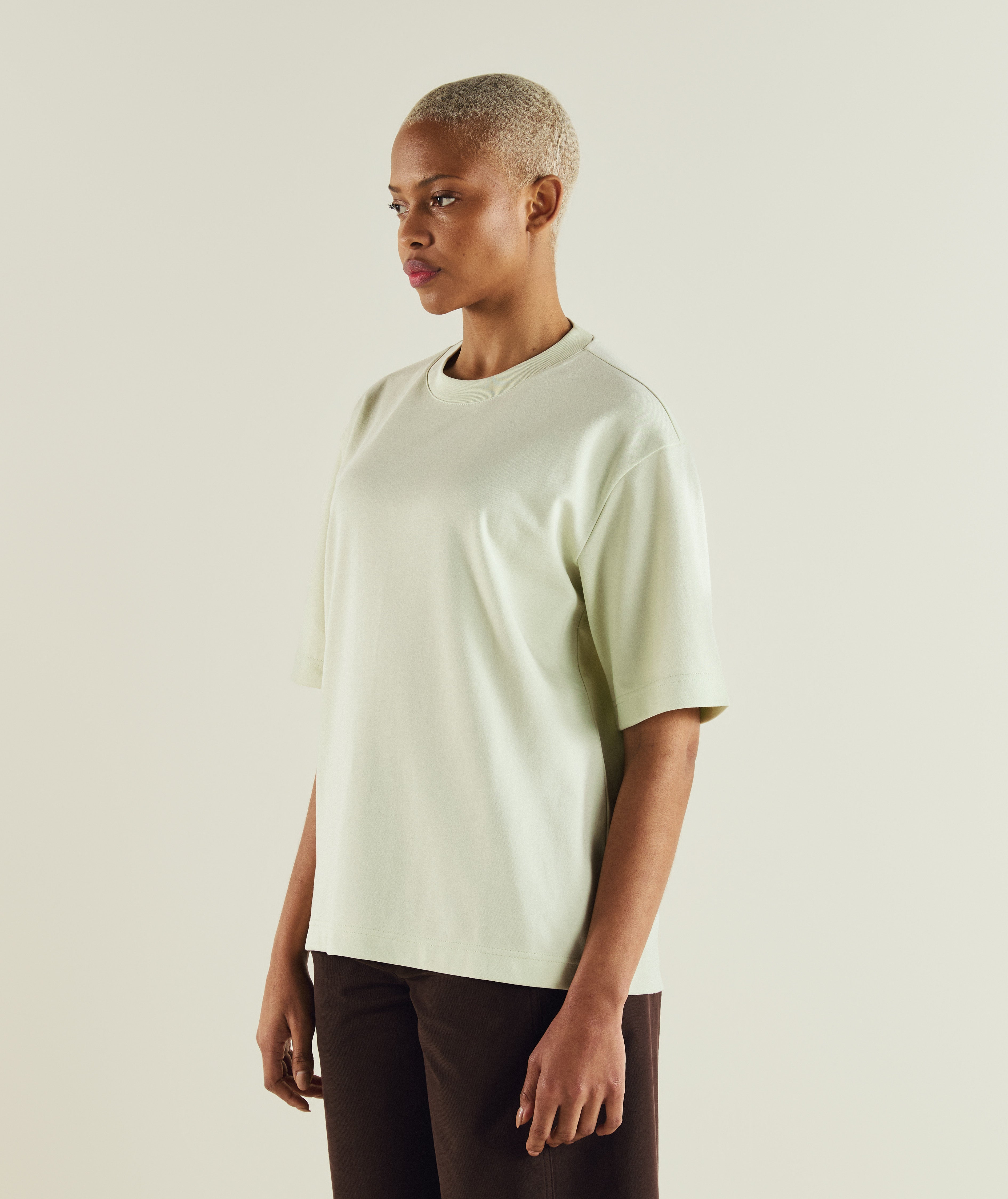 FOM ladies oversized interlock tee in aloe, on-model view