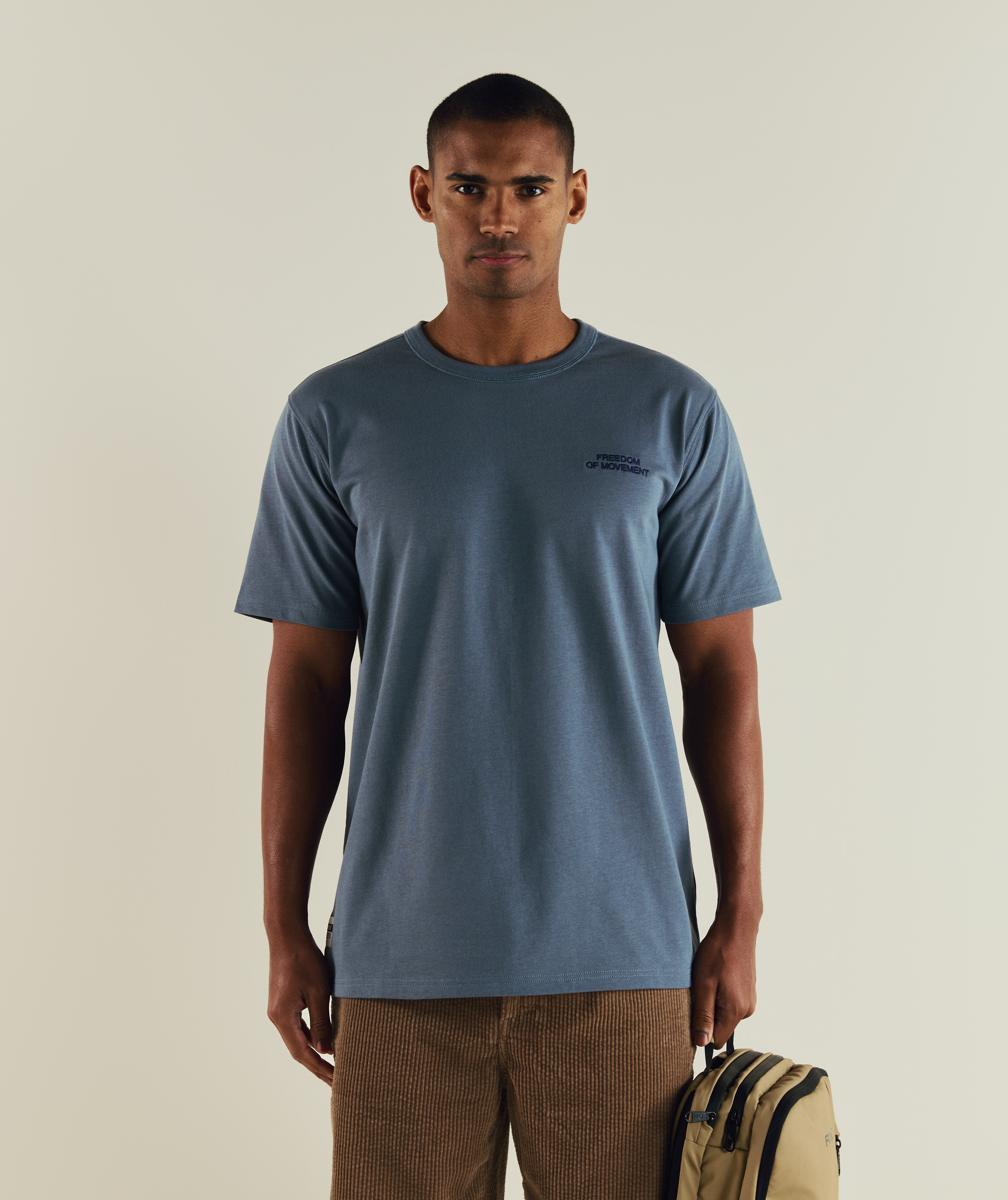 FOM regular cotton tee in stormy weather, on-model view