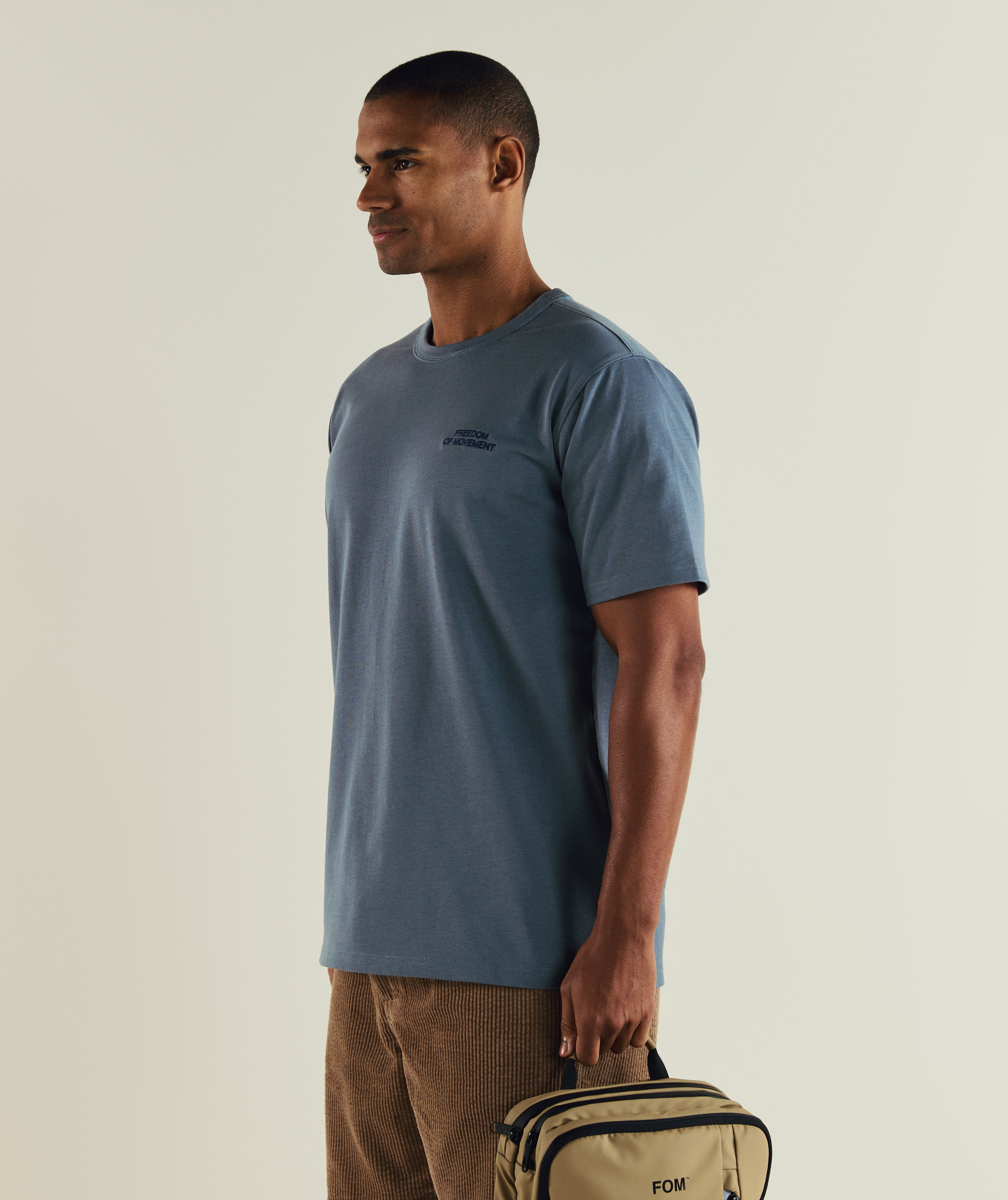 FOM regular cotton tee in stormy weather, on-model view
