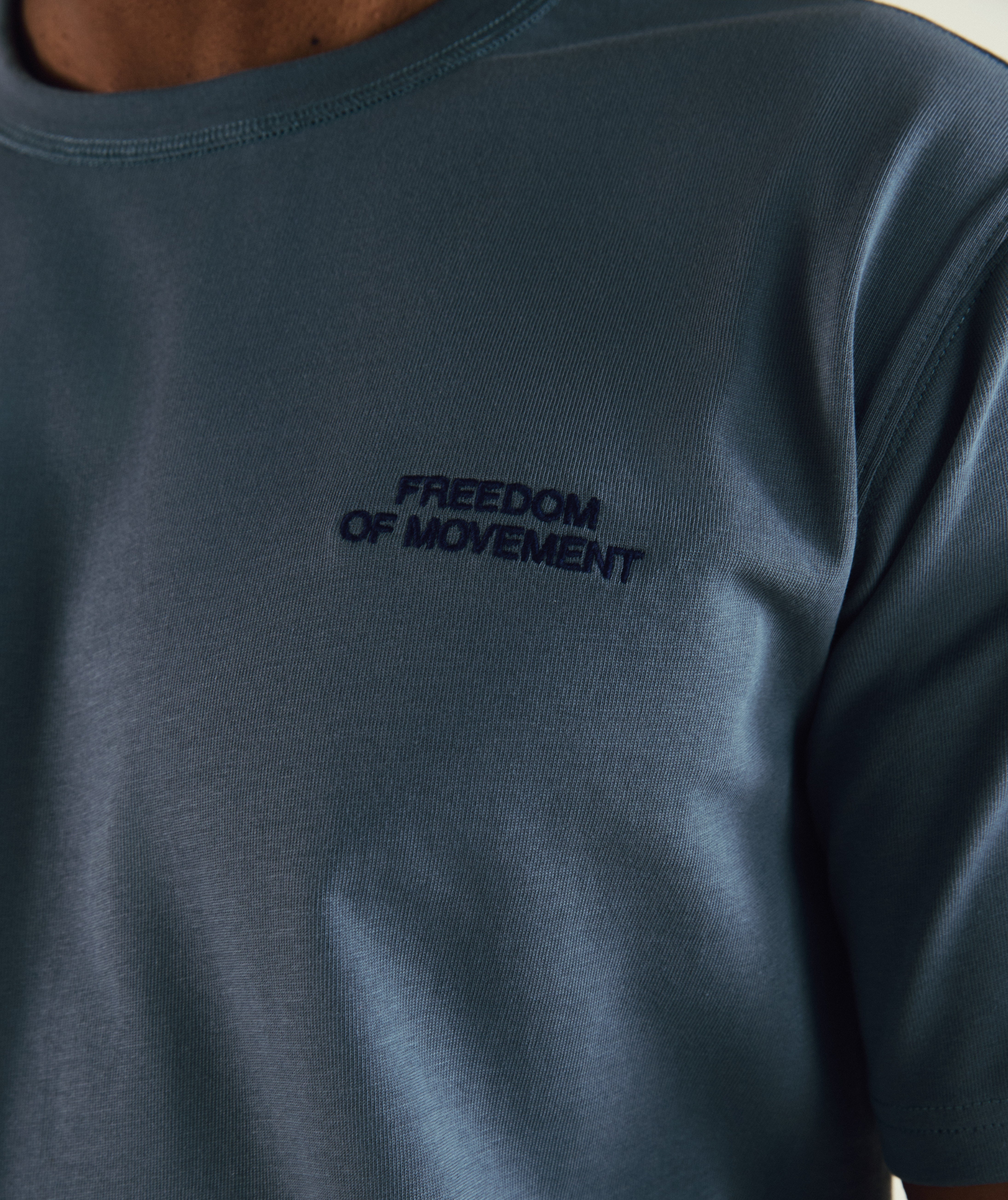 FOM regular cotton tee in stormy weather, on-model view