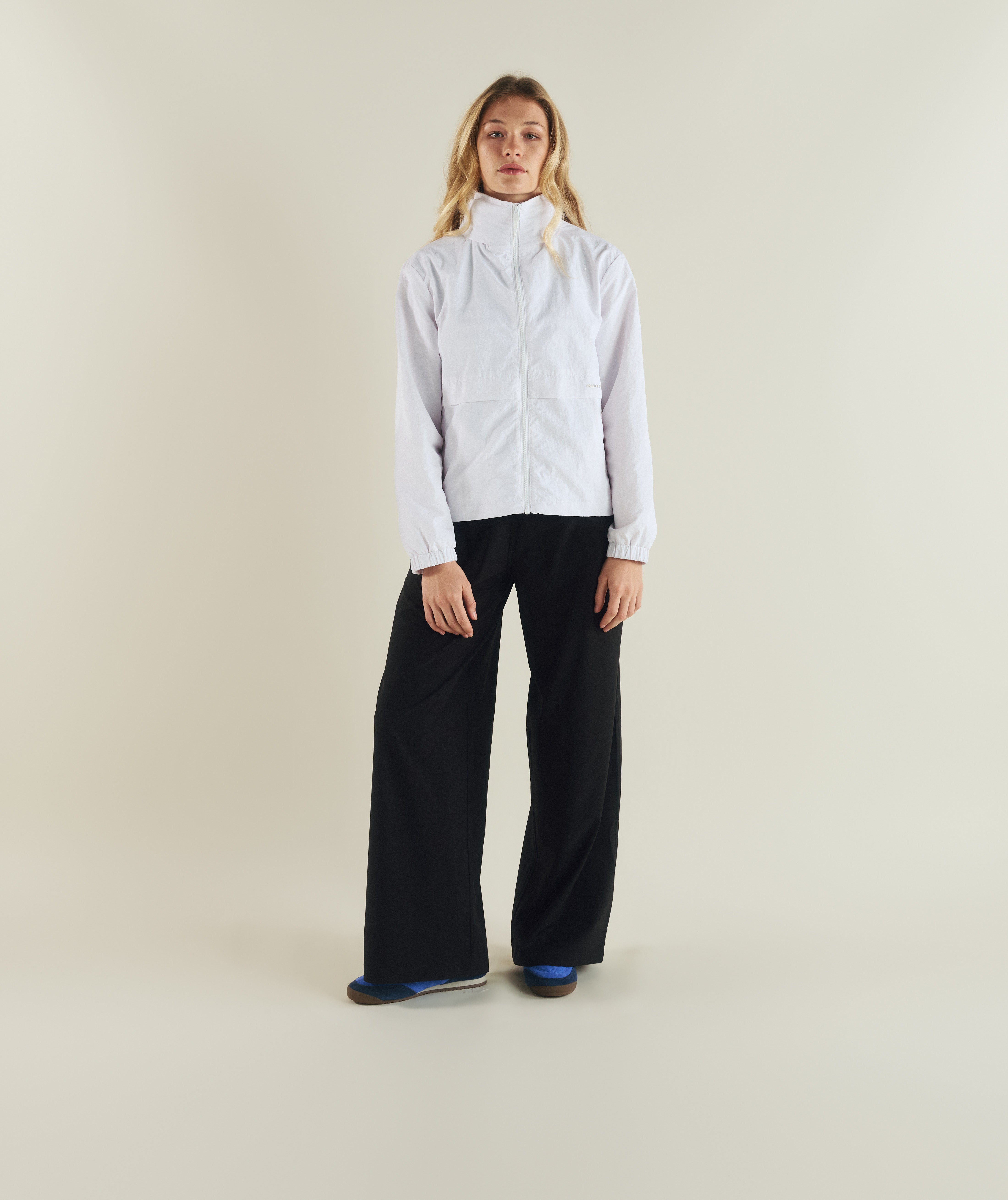 FOM ladies lightweight zip through jacket in white, on-model view
