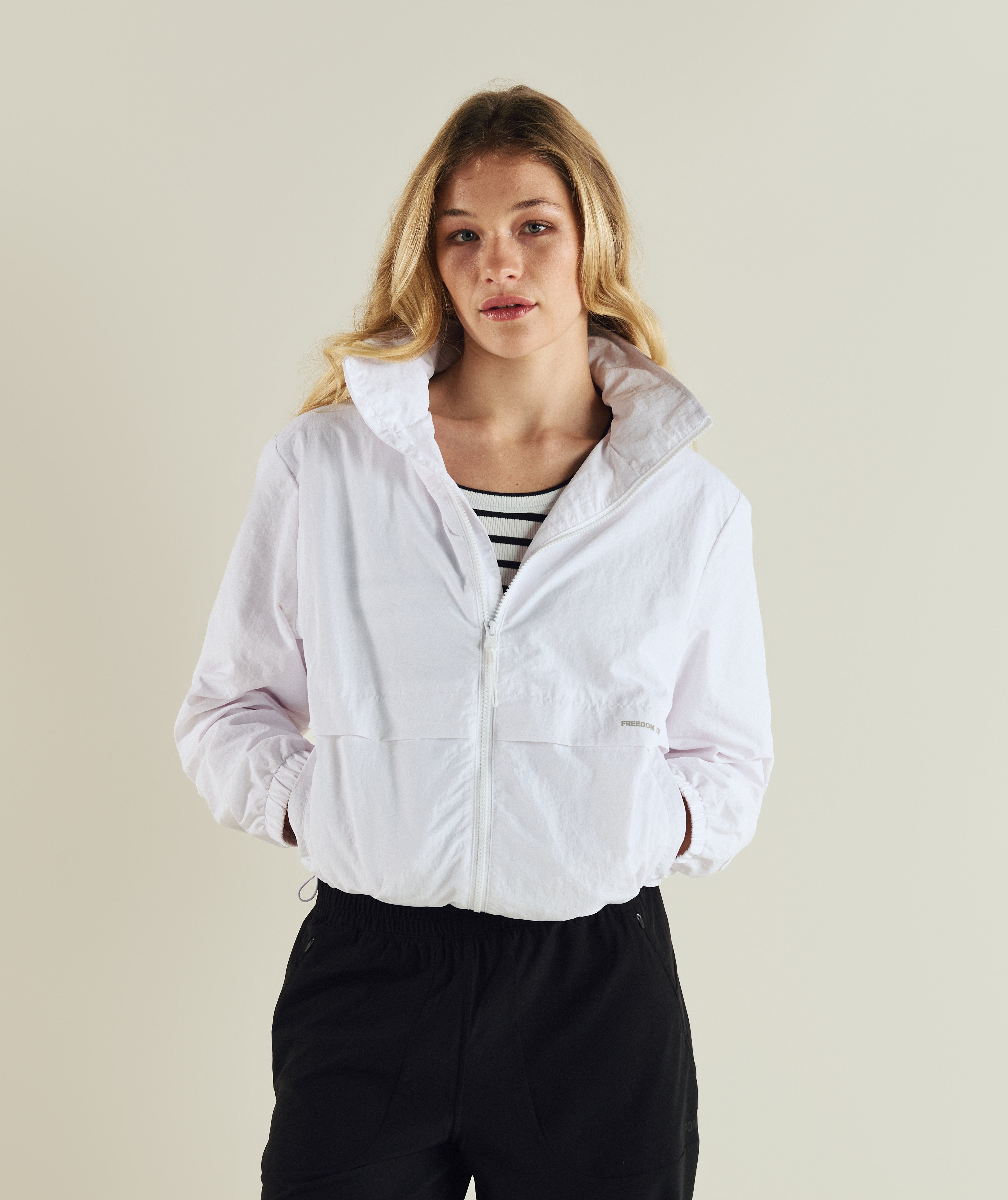 FOM ladies lightweight zip through jacket in white, on-model view