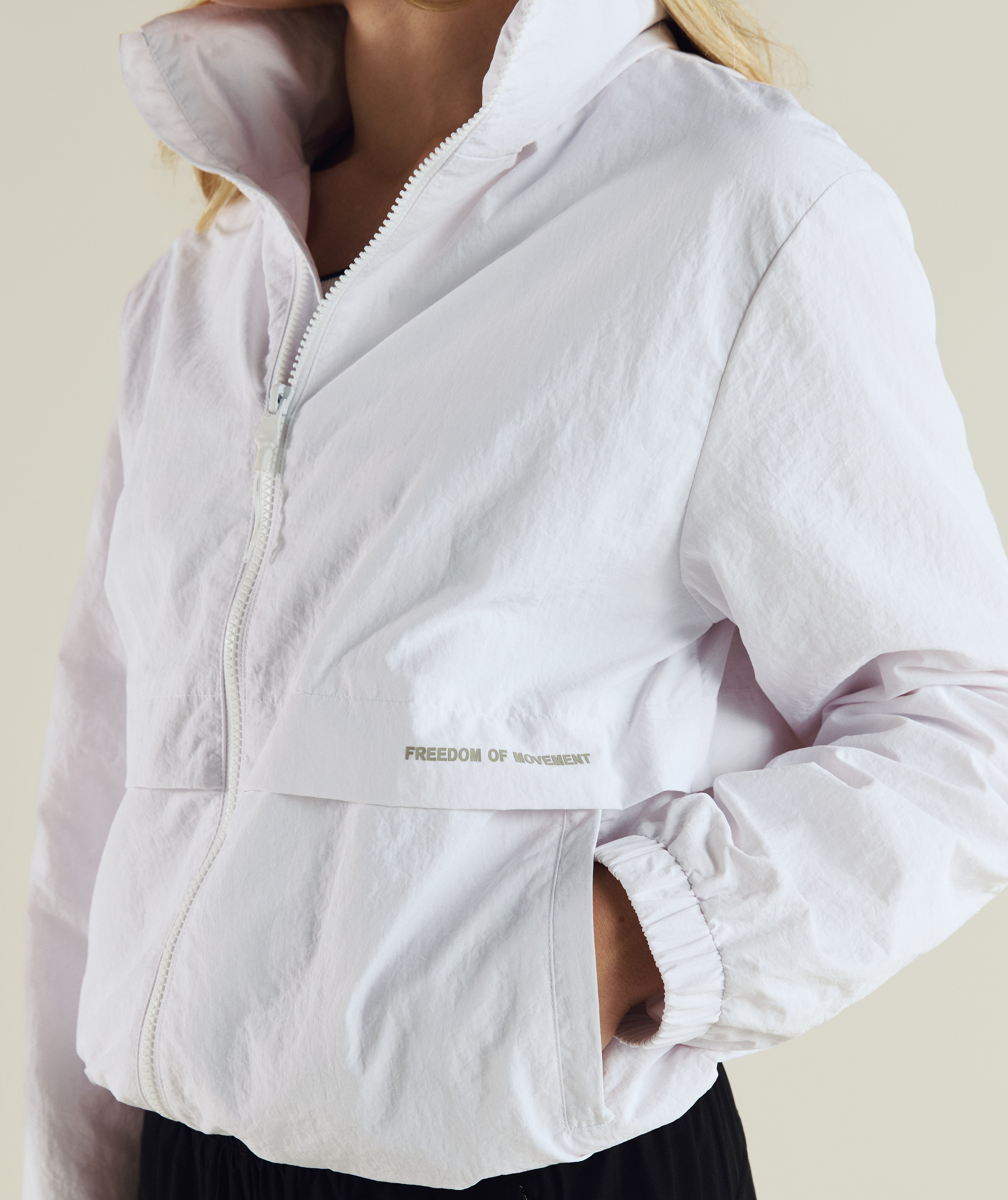 FOM ladies lightweight zip through jacket in white, on-model view