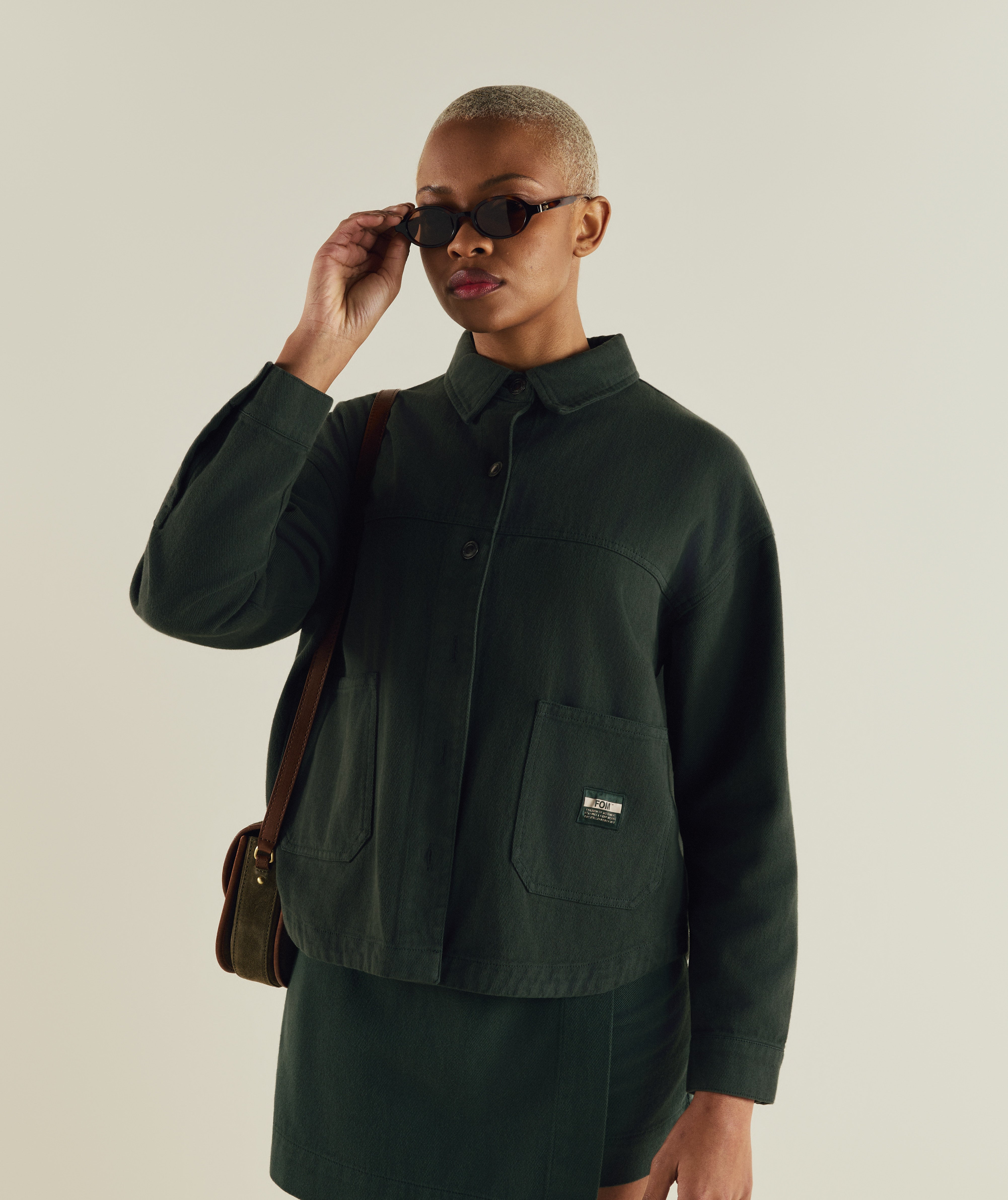 FOM ladies shacket in dark green, on-model view