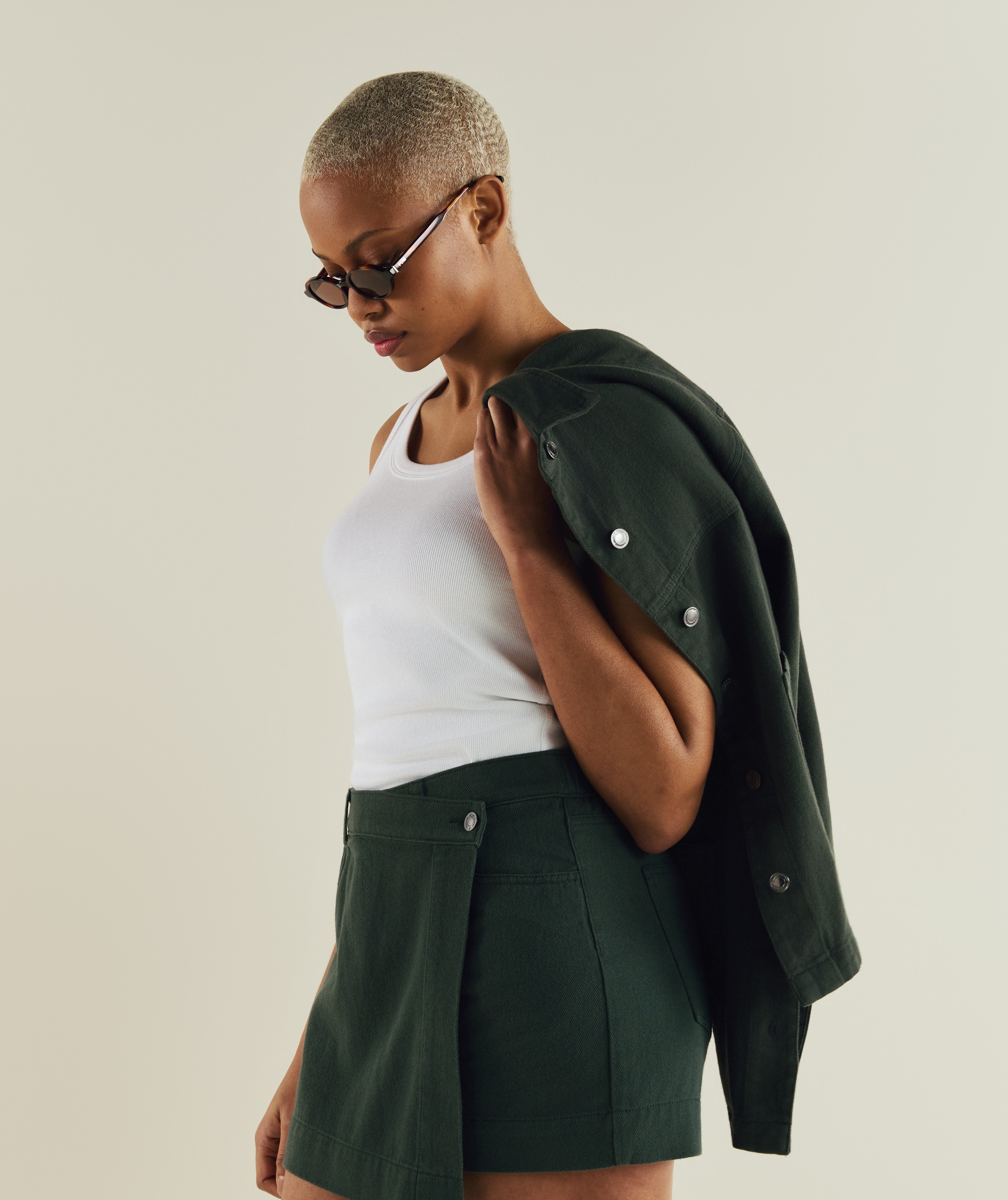 FOM ladies shacket in dark green, on-model view