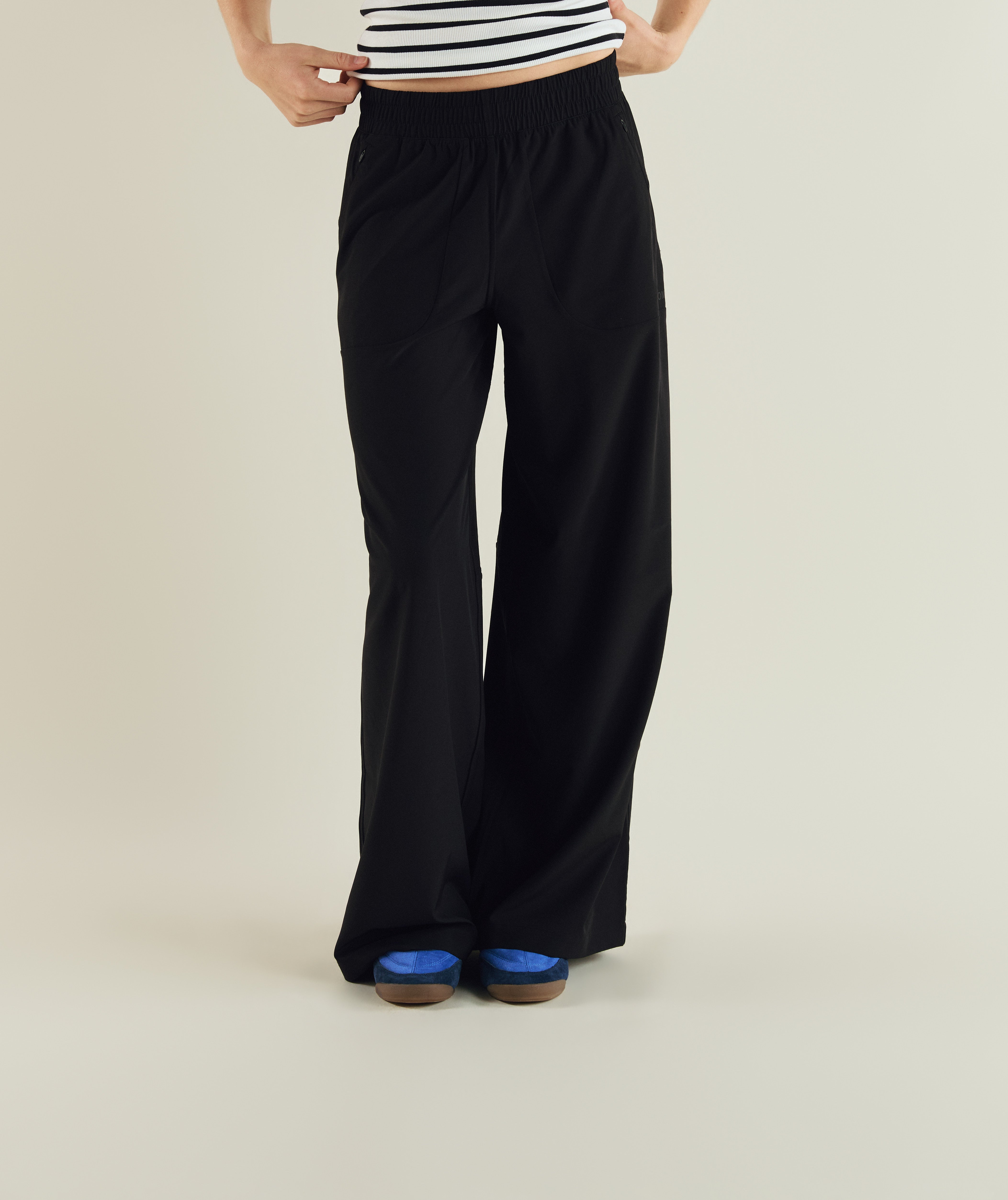 Woman wearing FOM ladies wide leg pants in black