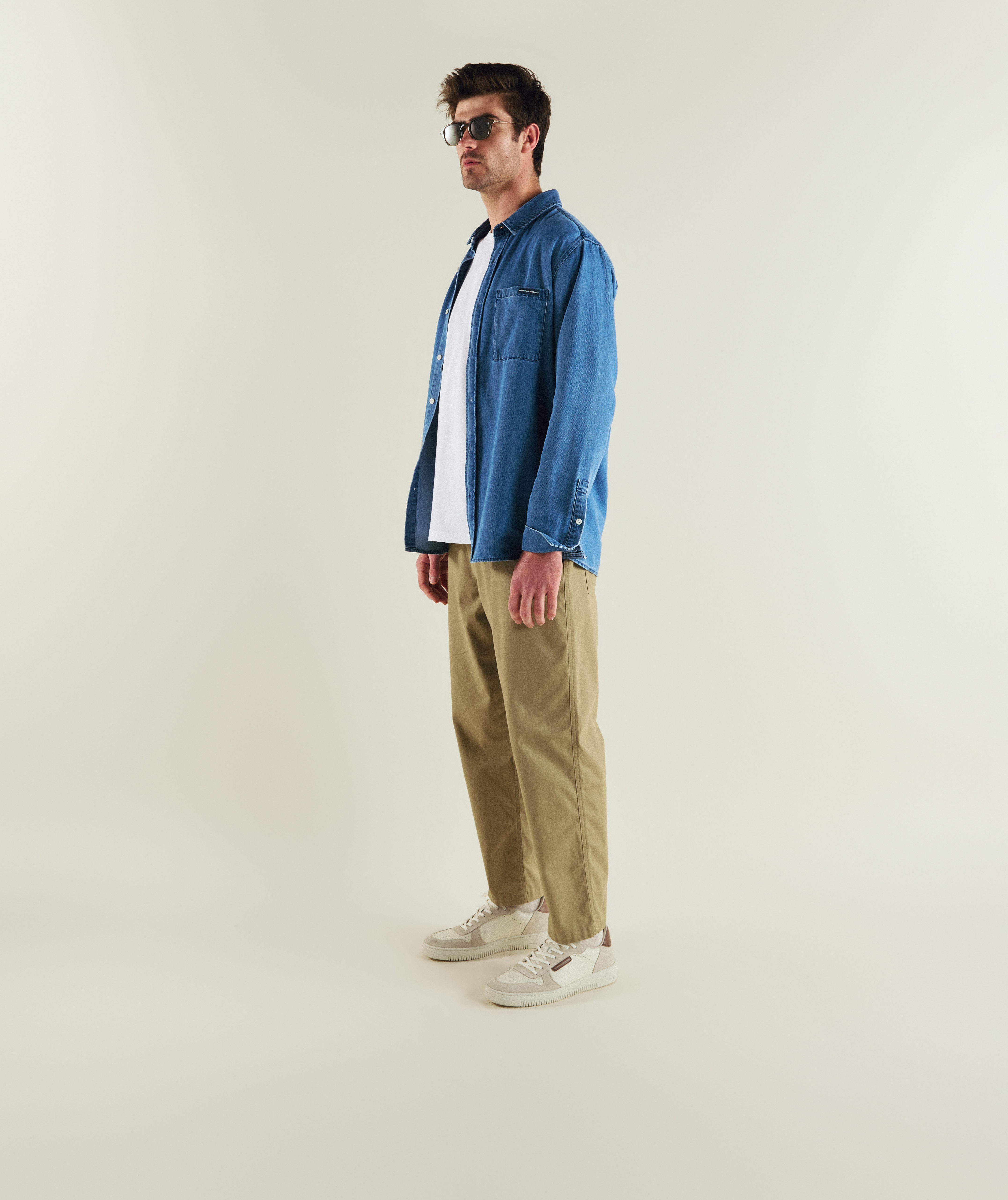 FOM long sleeve denim shirt in light wash, on-model view