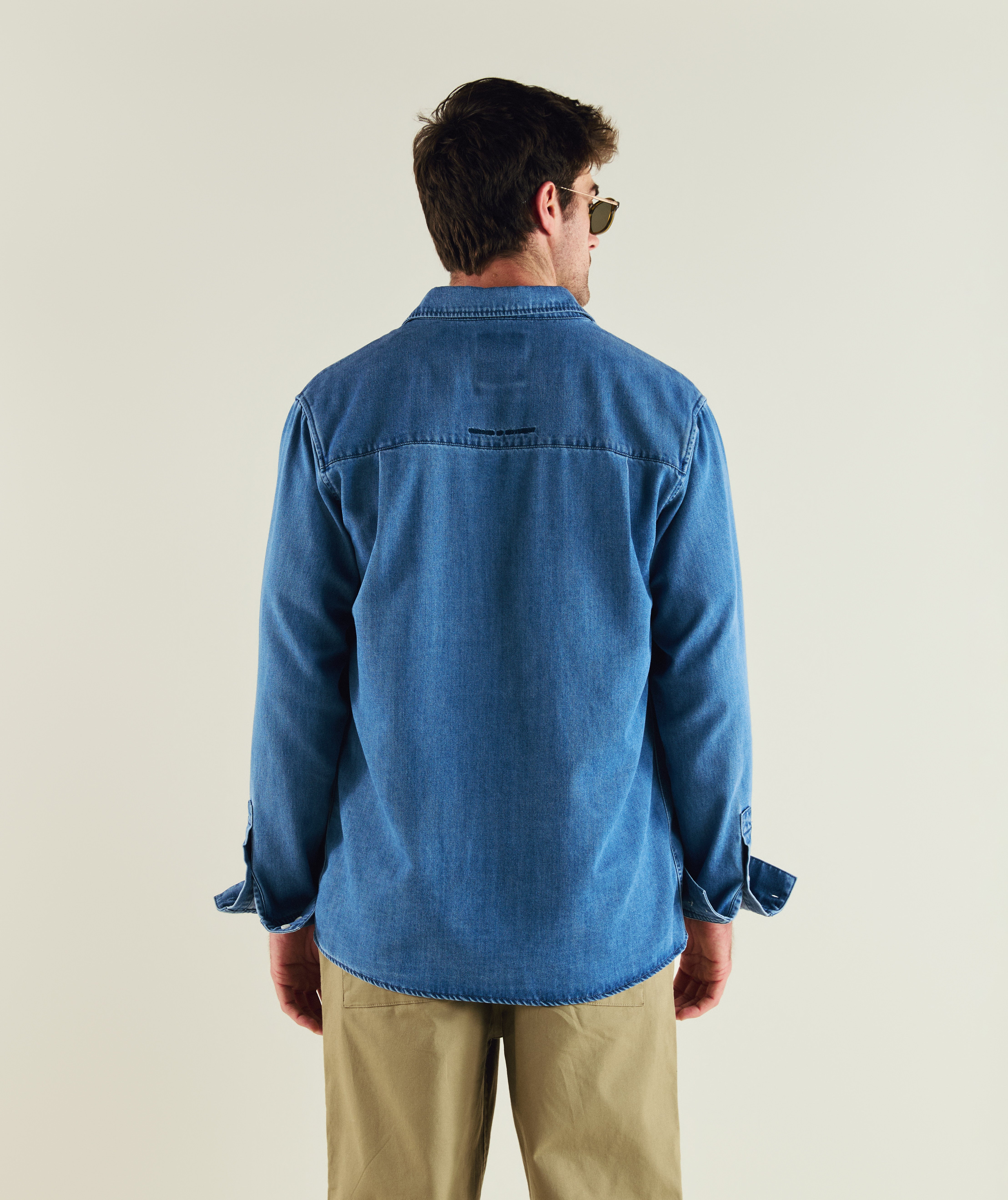 FOM long sleeve denim shirt in light wash, on-model view
