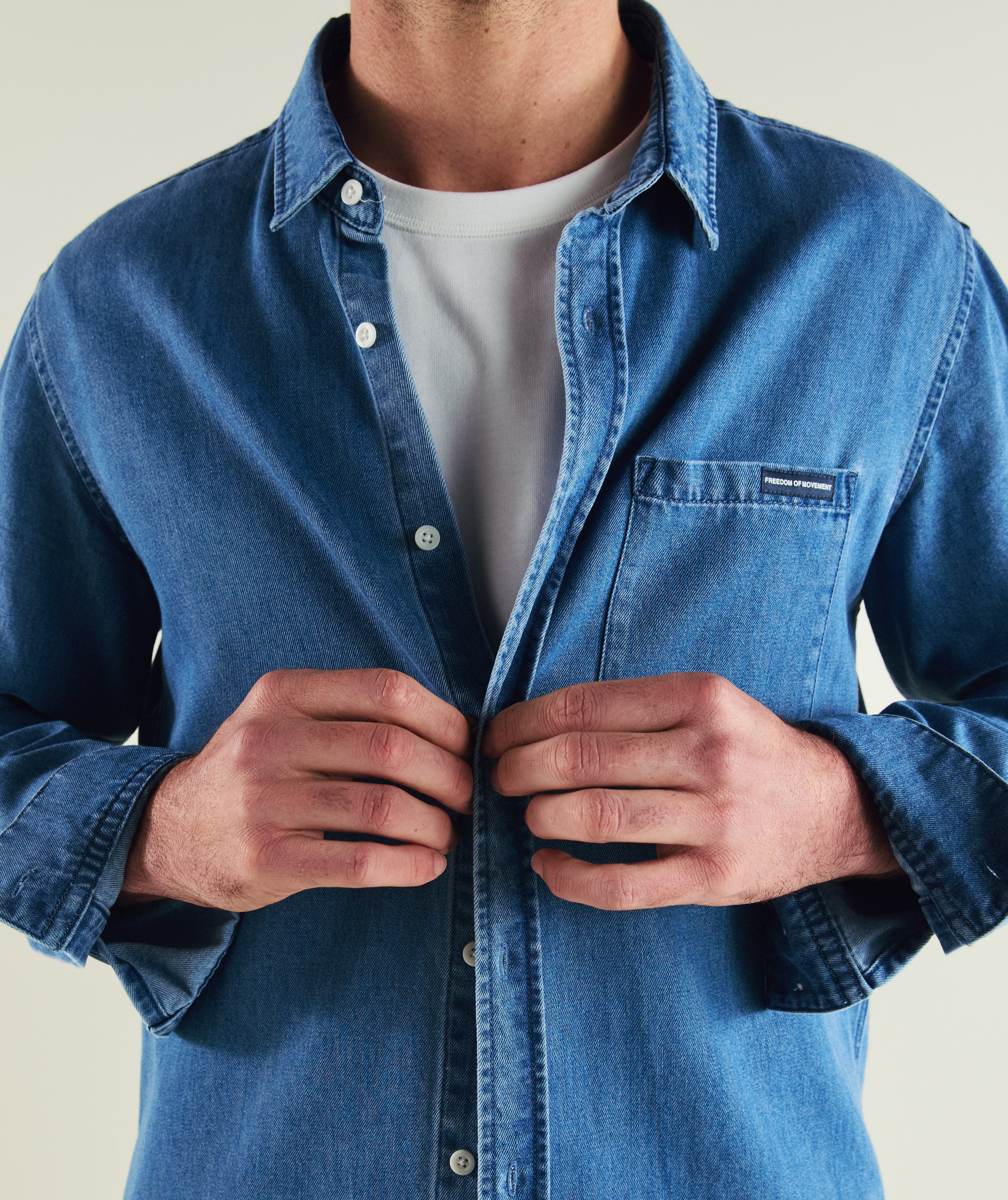 FOM long sleeve denim shirt in light wash, on-model view