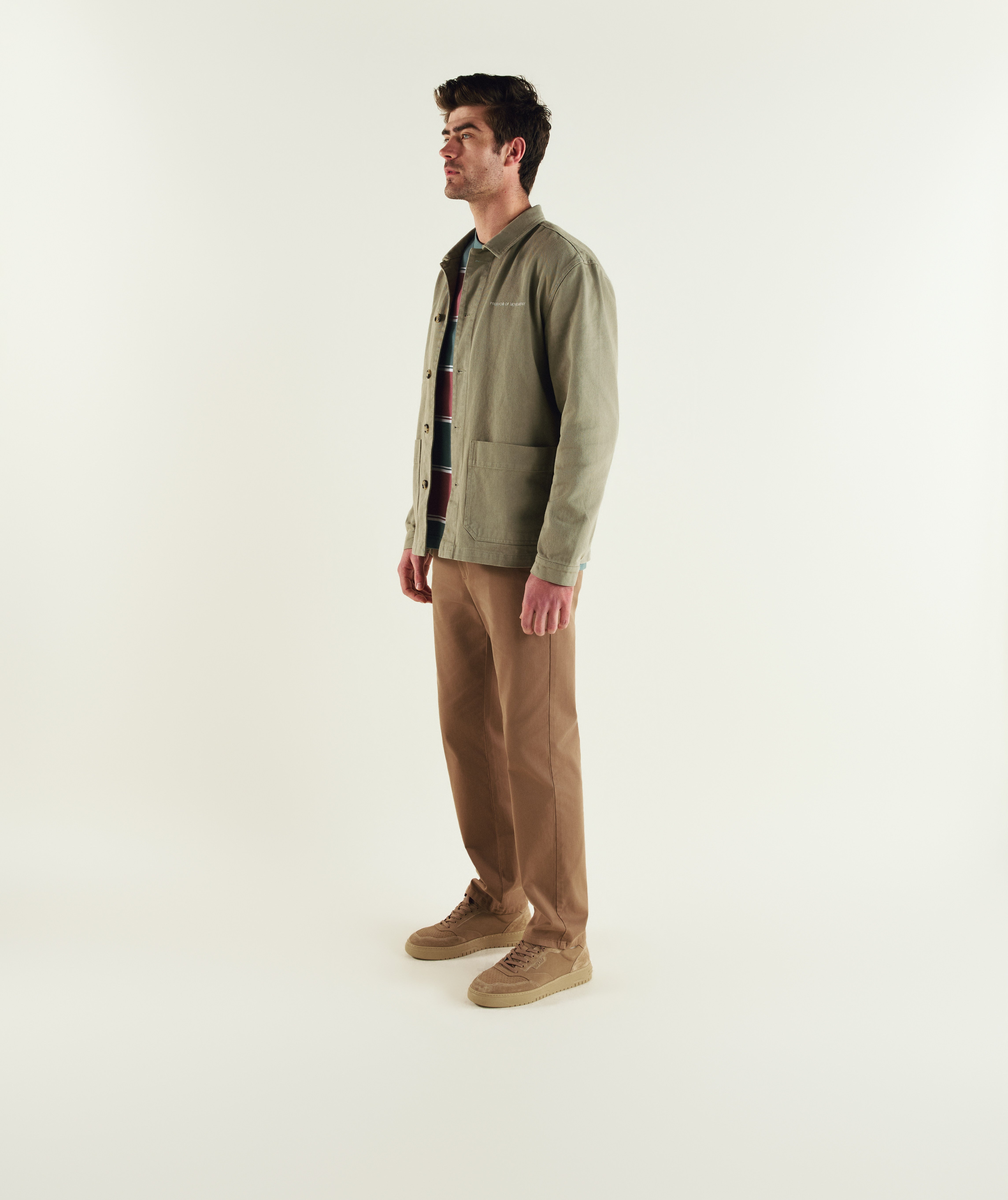 FOM cotton twill shacket in sage, on-model view