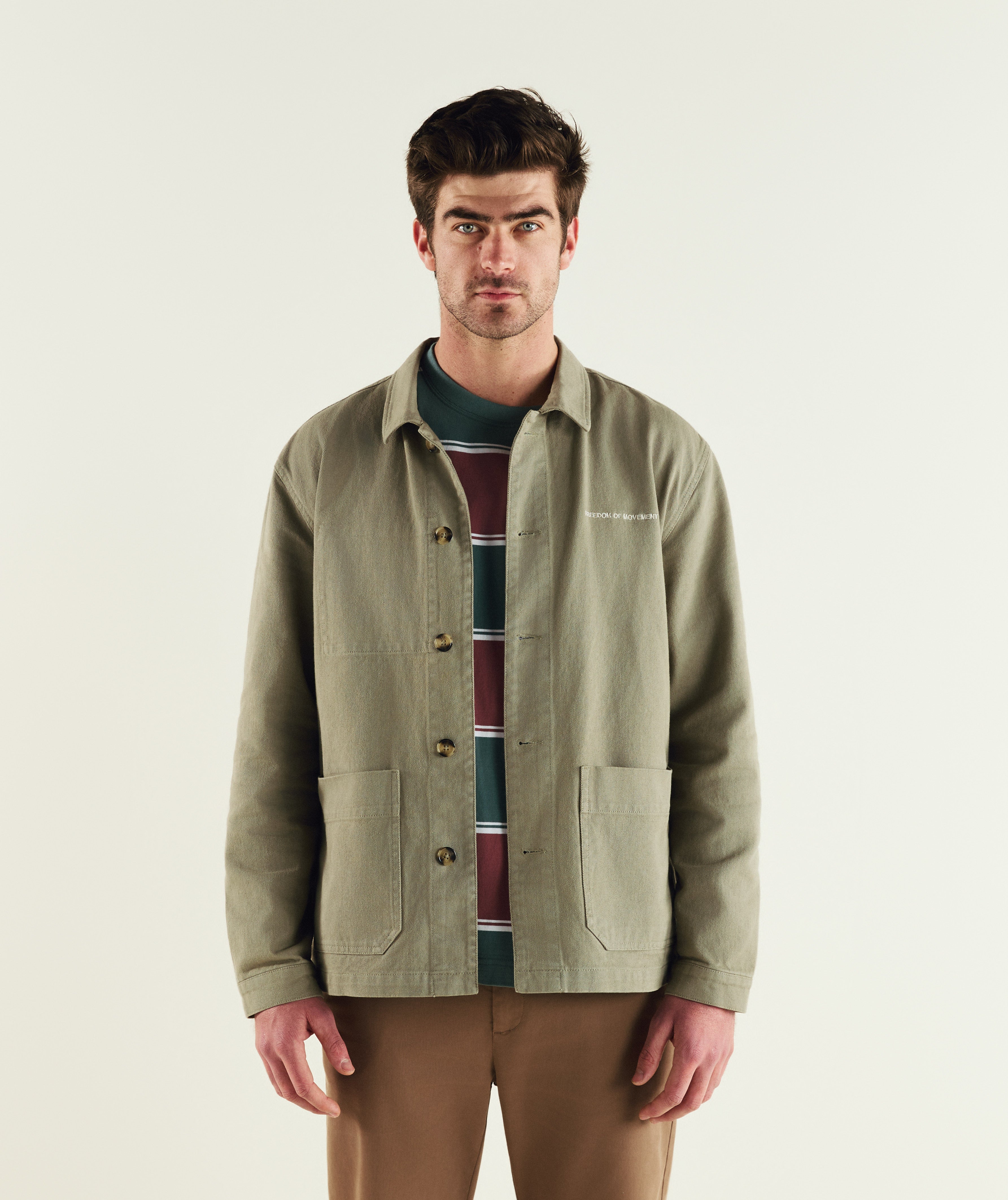 FOM cotton twill shacket in sage, on-model view