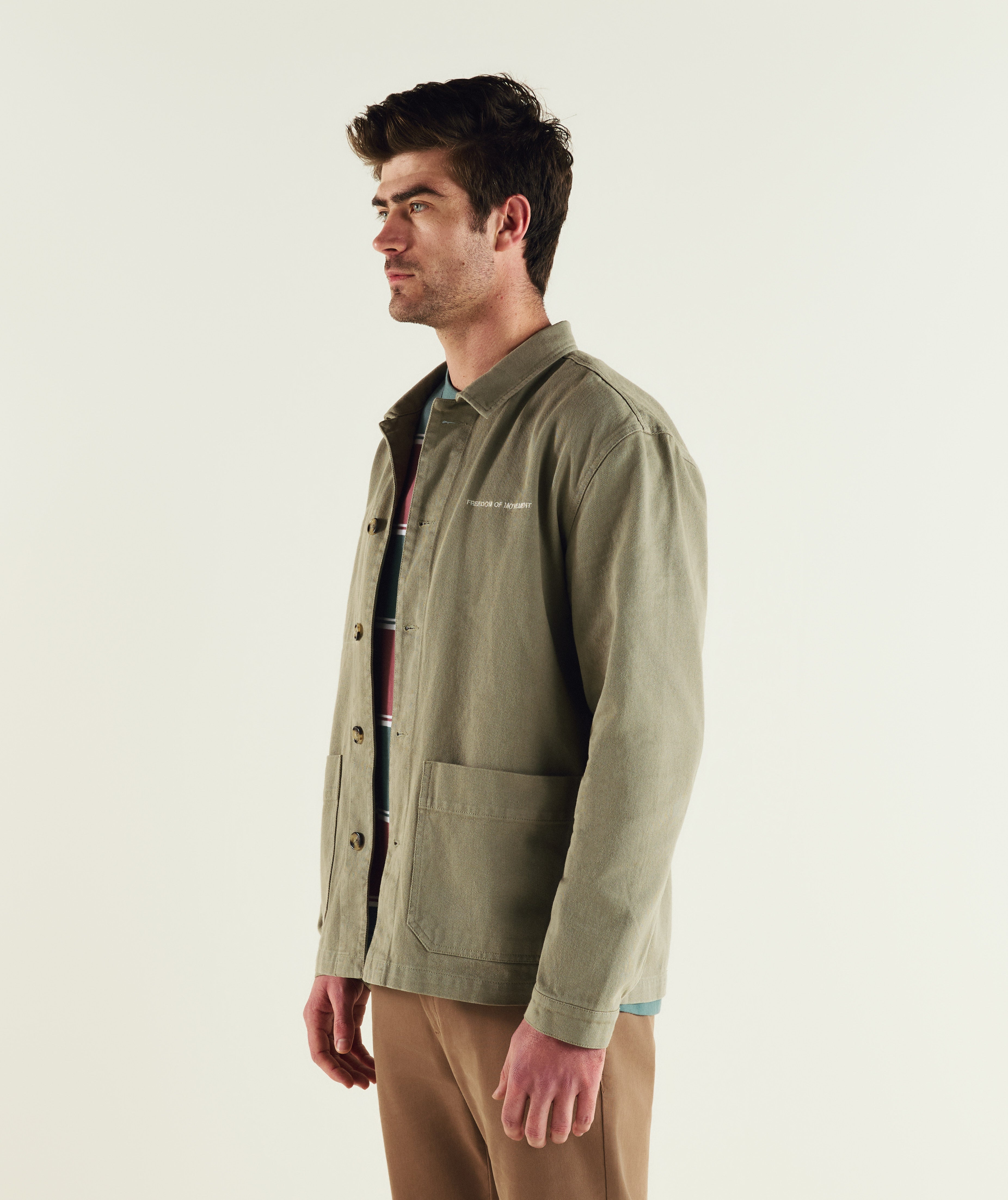 FOM cotton twill shacket in sage, on-model view