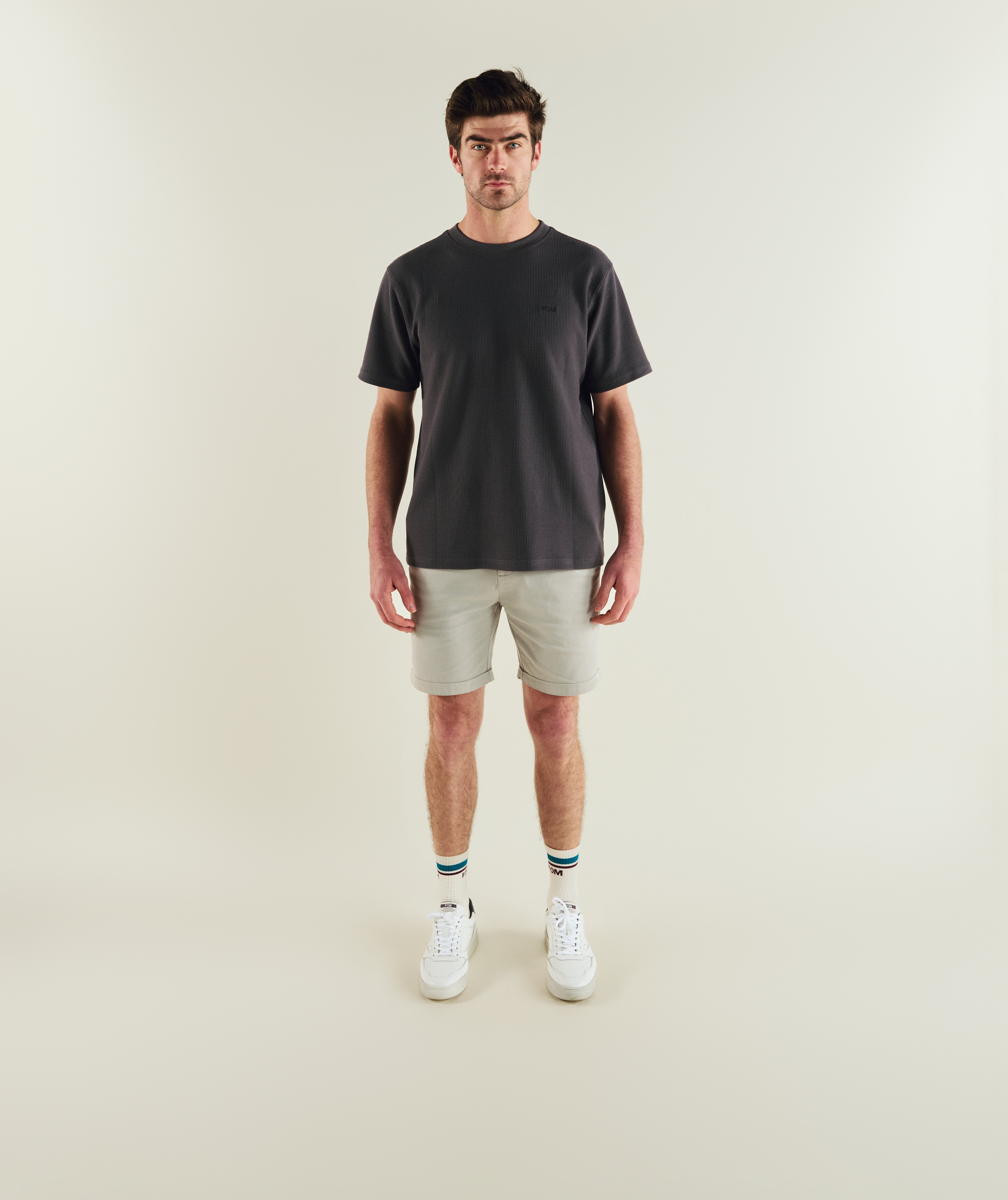 FOM cotton canvas chino shorts in cement, on-model view