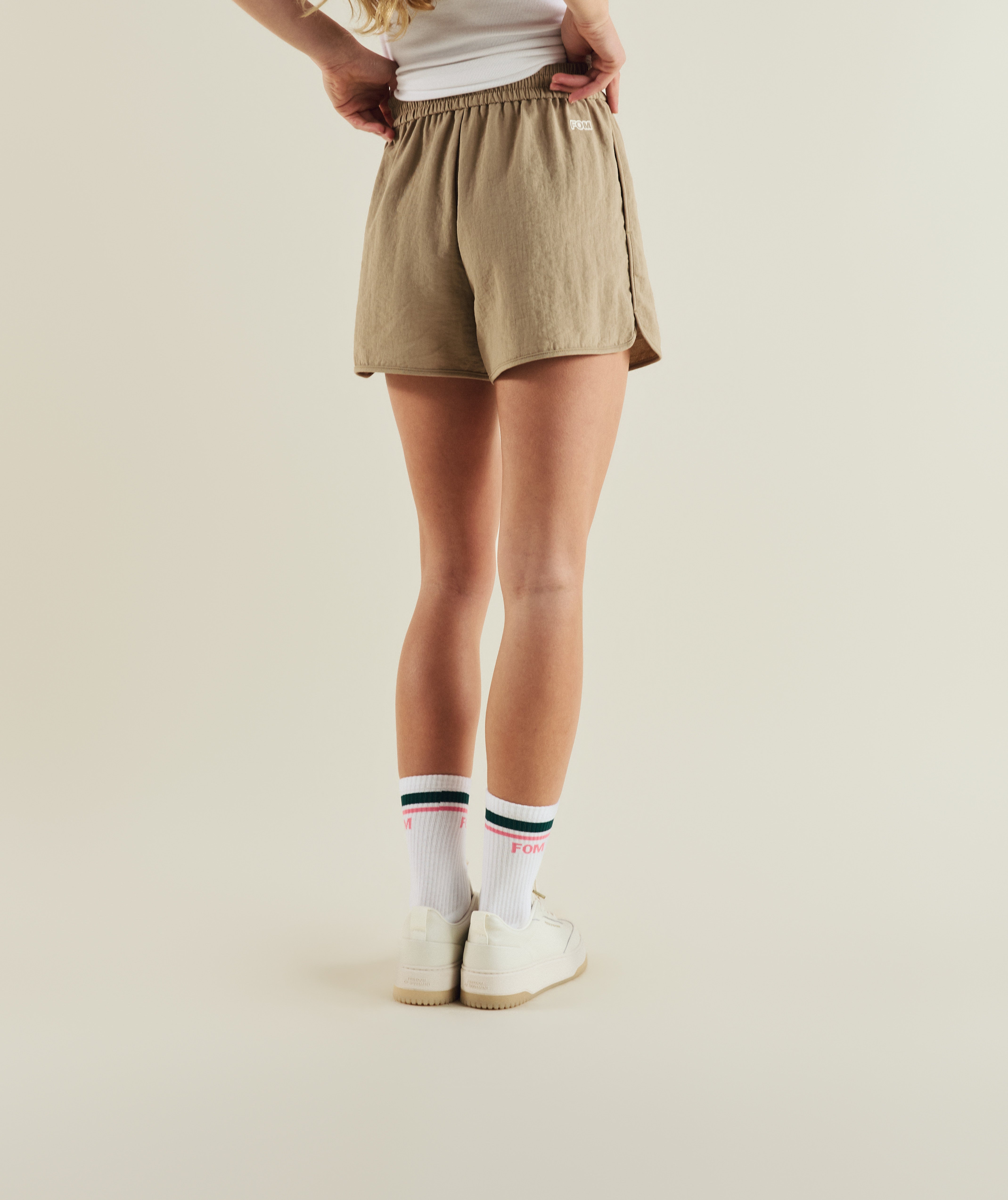 FOM ladies elasticated shorts in tahini, on-model view