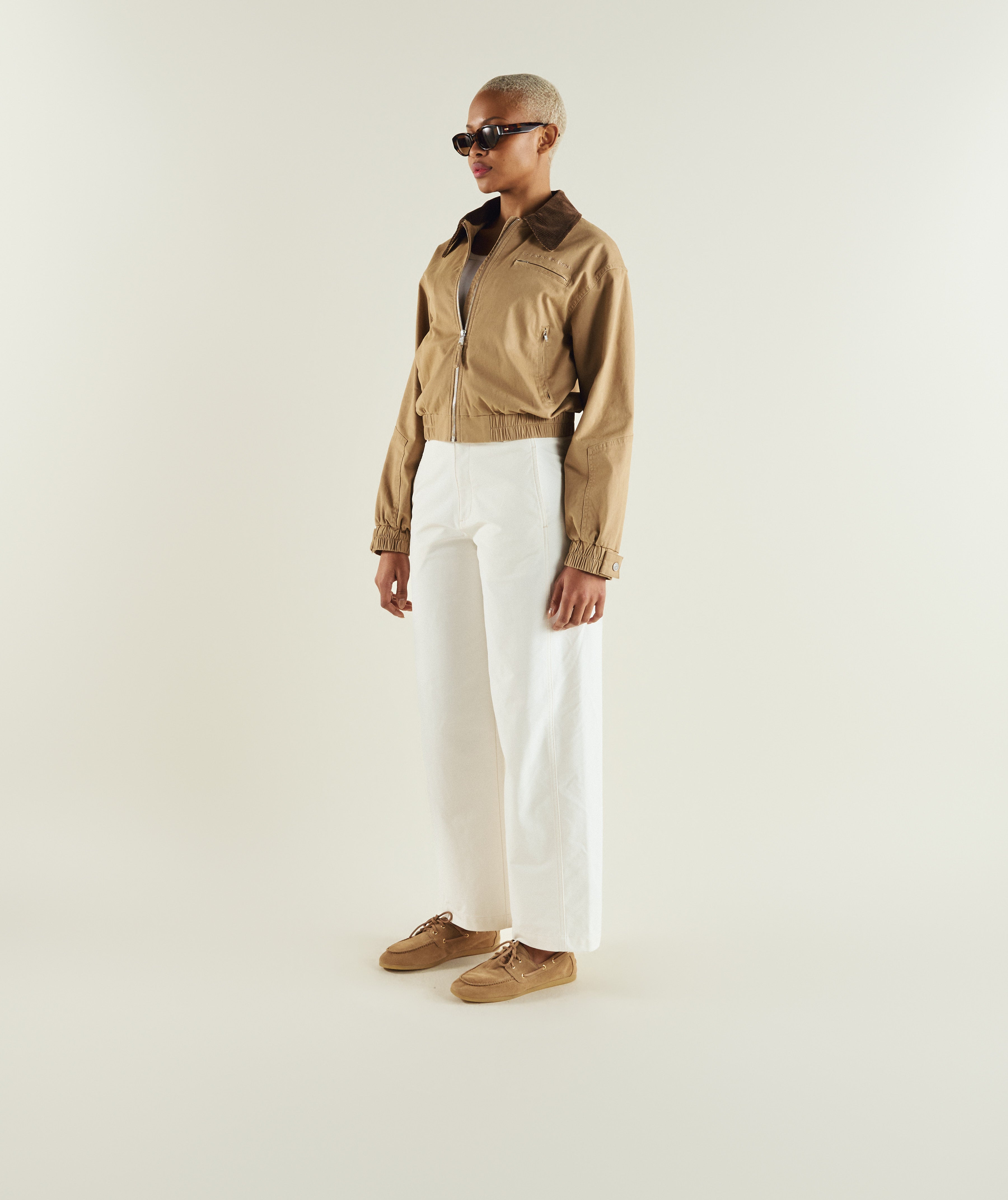 Woman wearing FOM ladies cord collar bomber jacket in coffee