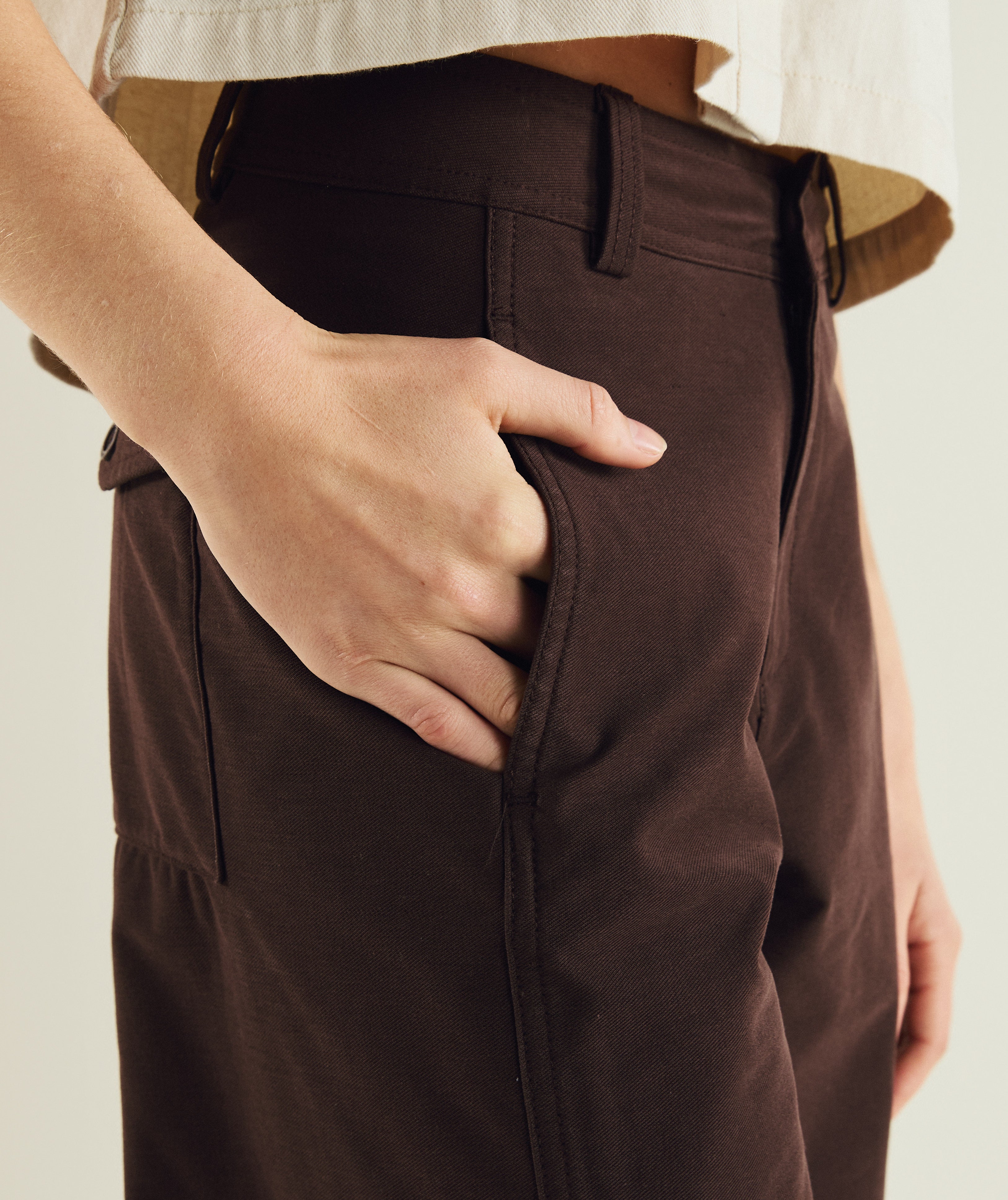 FOM ladies barrel pants in chocolate, on-model view