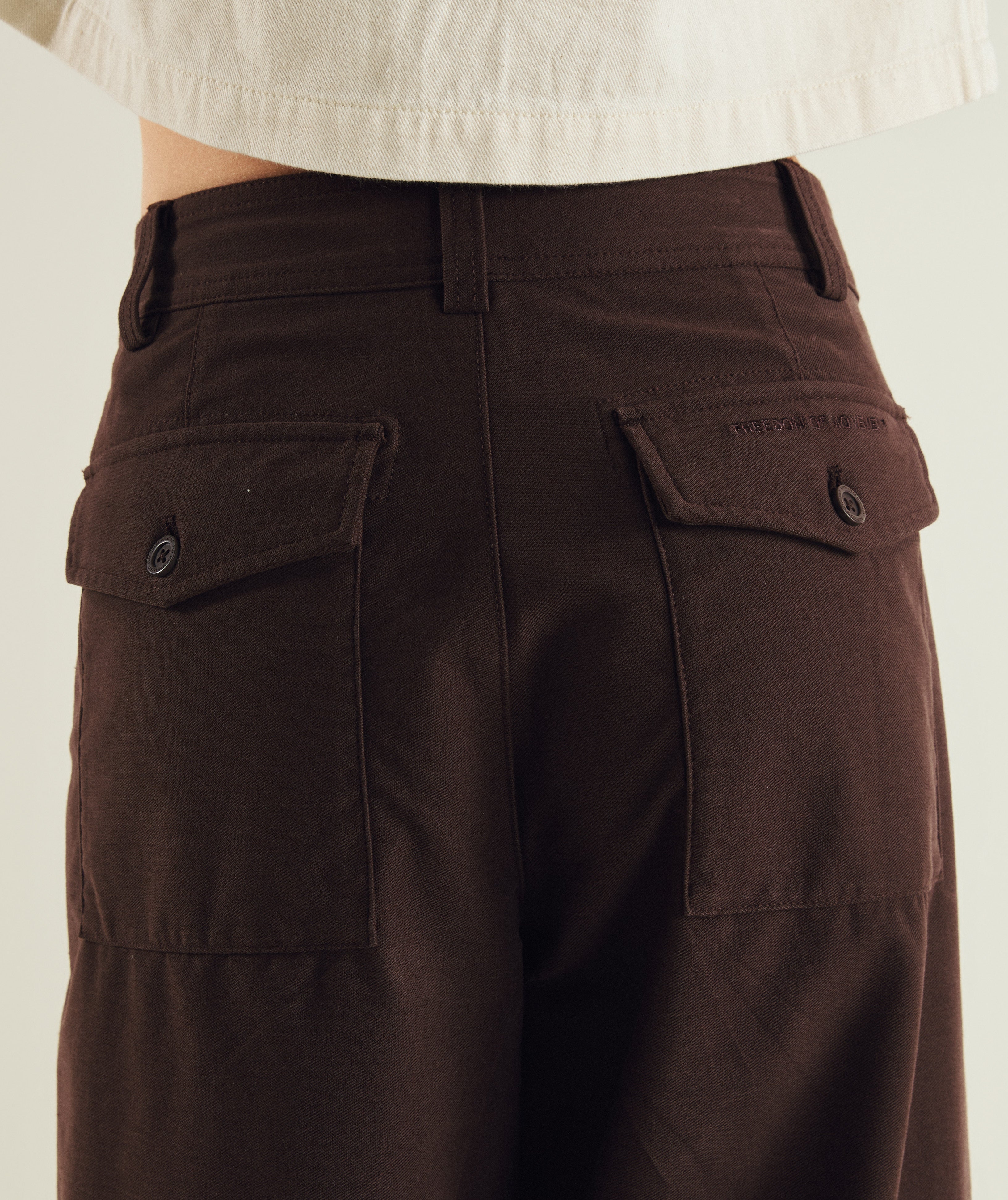 FOM ladies barrel pants in chocolate, on-model view