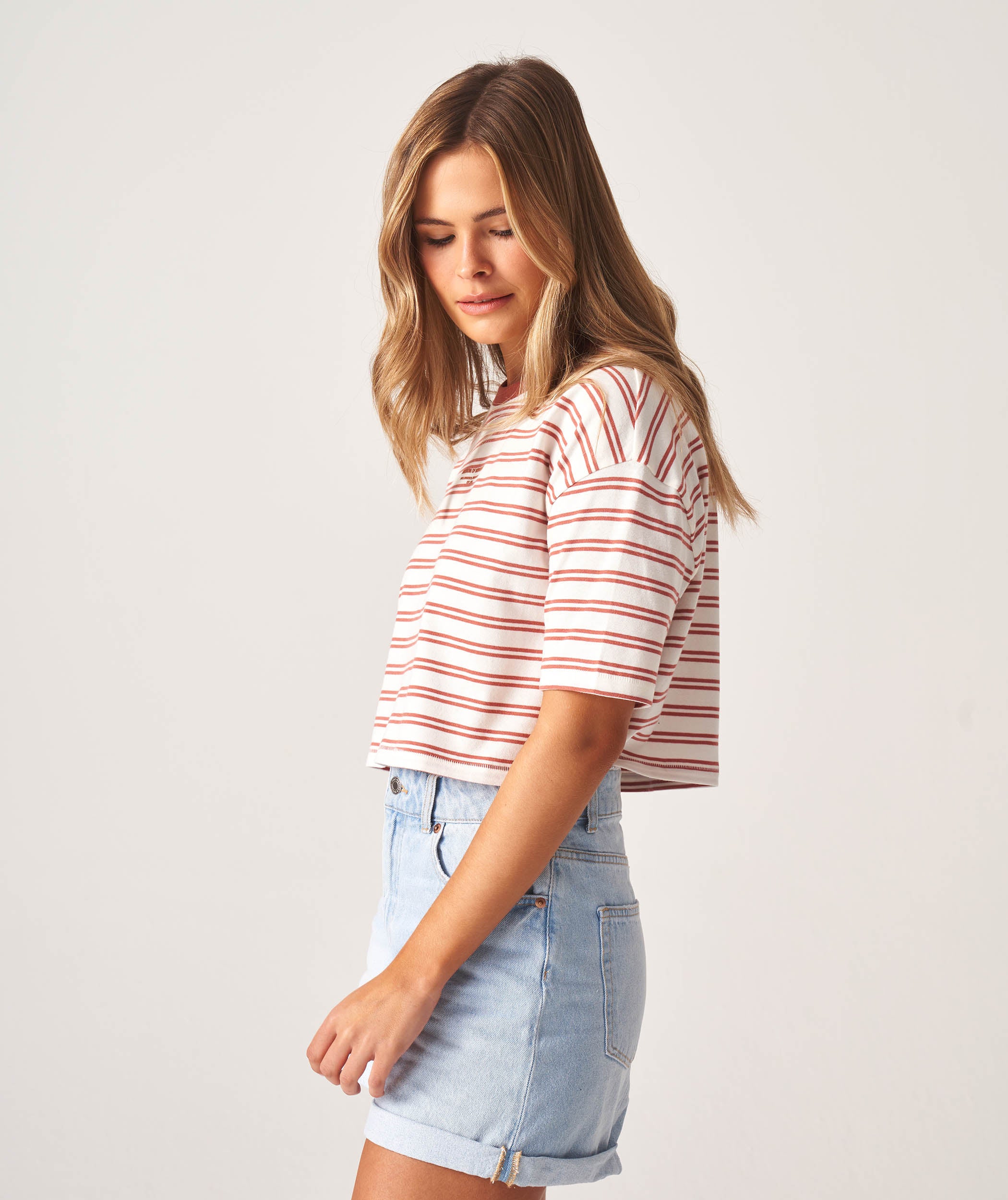 Ladies Cotton Cropped Box Tee - Copper Stripe