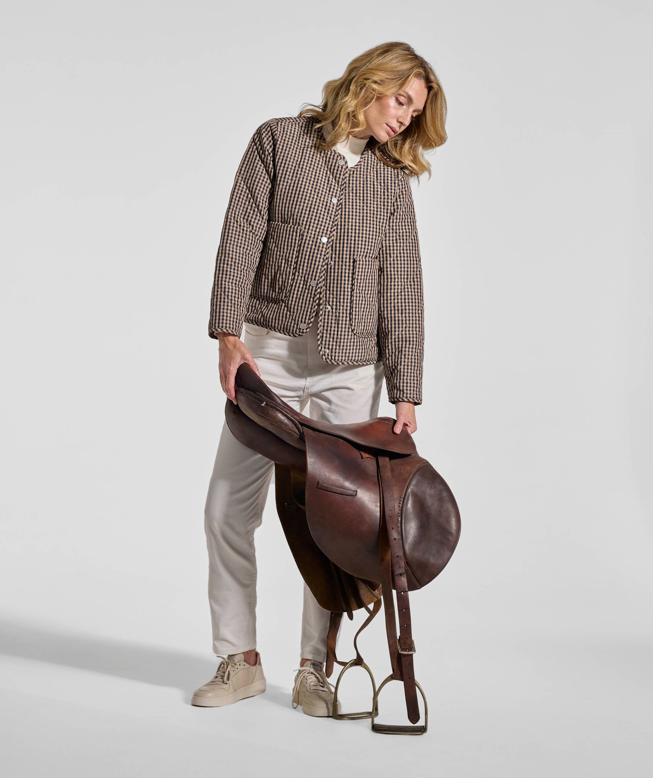 Ladies Check Quilted Jacket - Navy & Stone