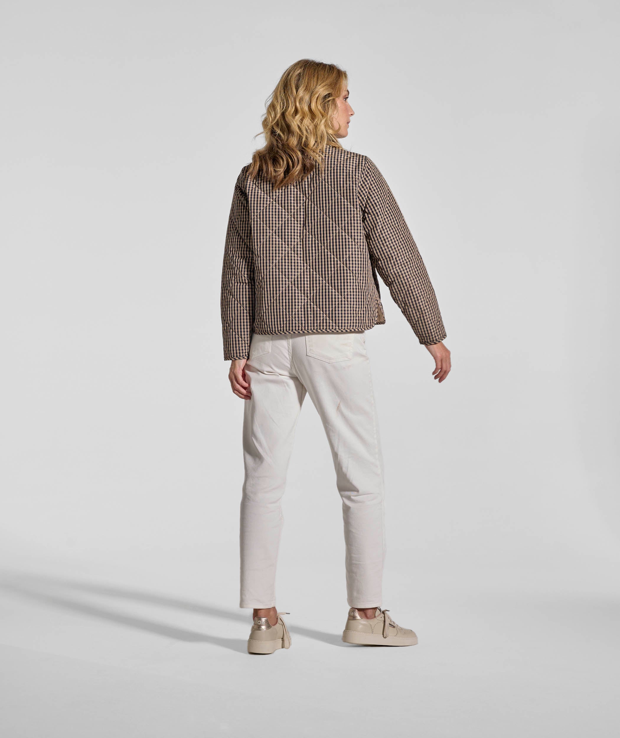 Ladies Check Quilted Jacket - Navy & Stone