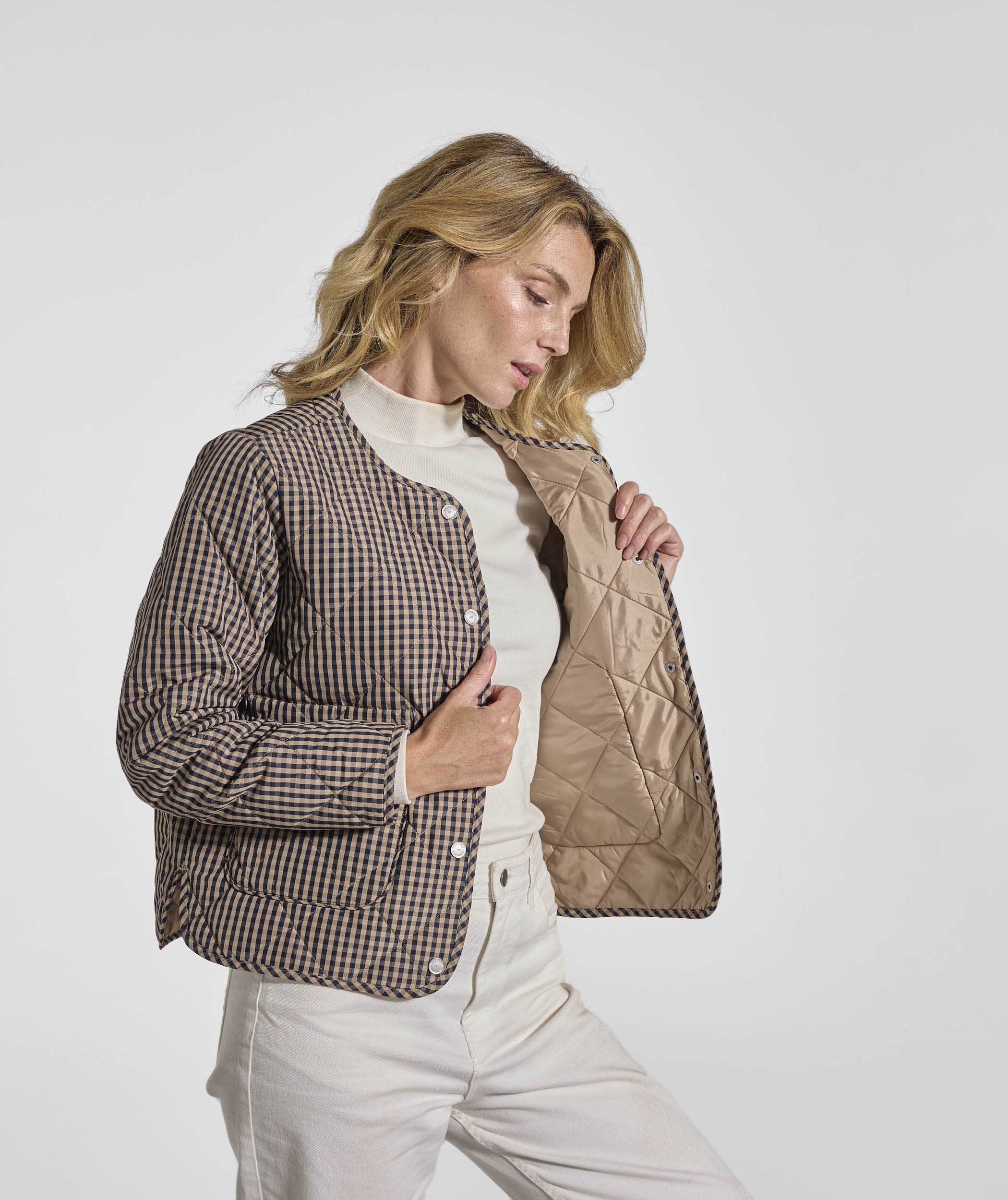 Ladies Check Quilted Jacket - Navy & Stone