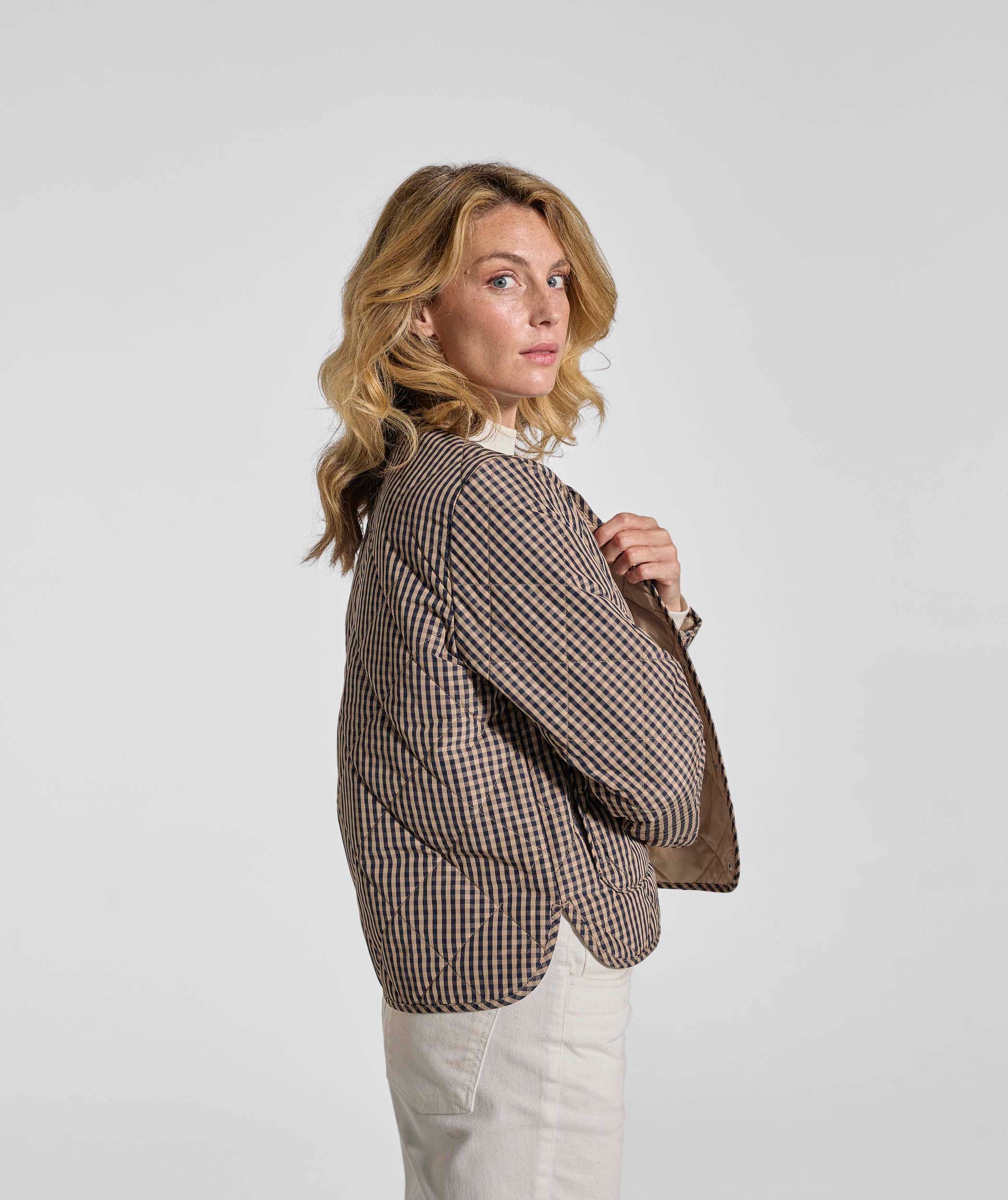 Ladies Check Quilted Jacket - Navy & Stone