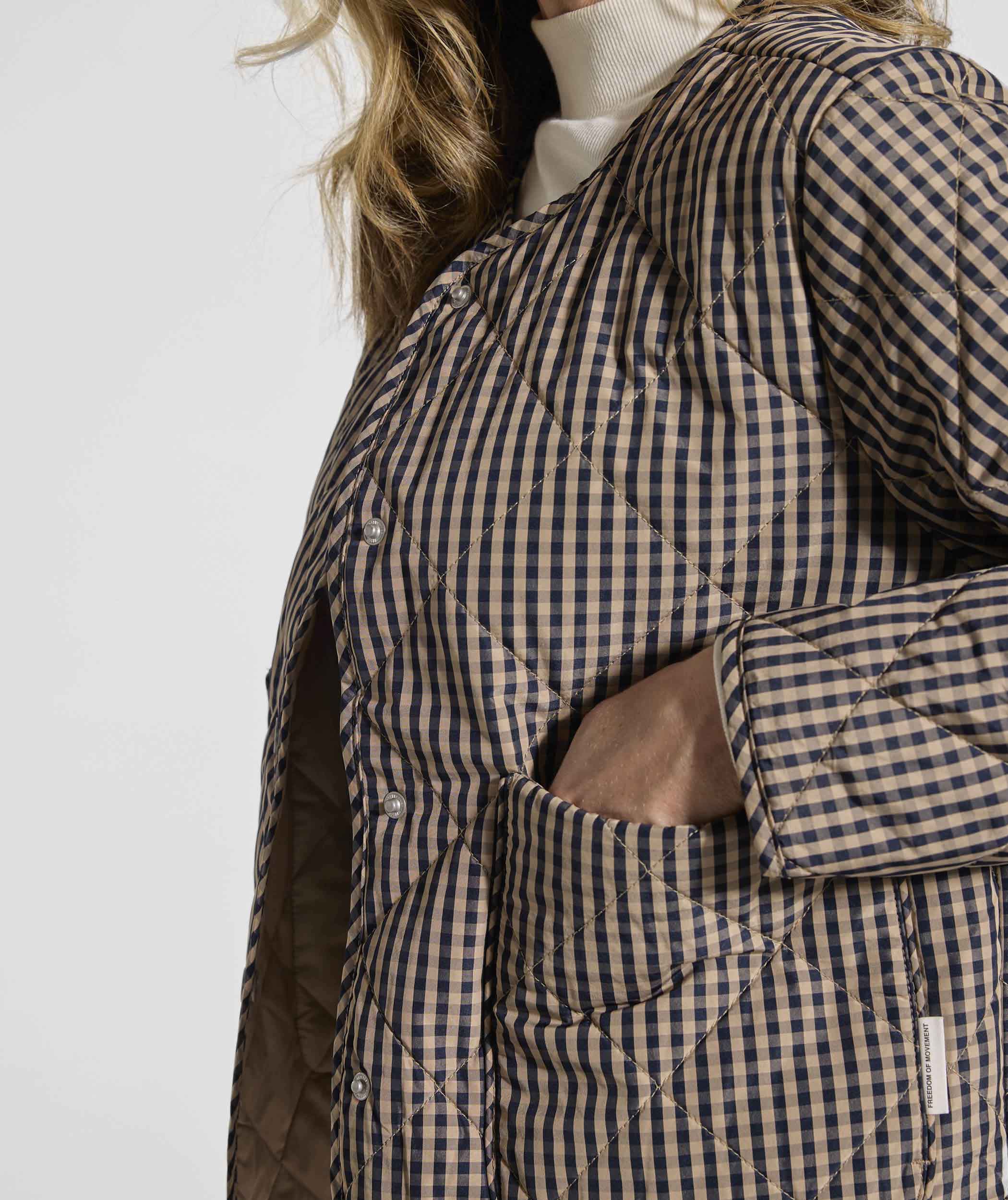 Ladies Check Quilted Jacket - Navy & Stone