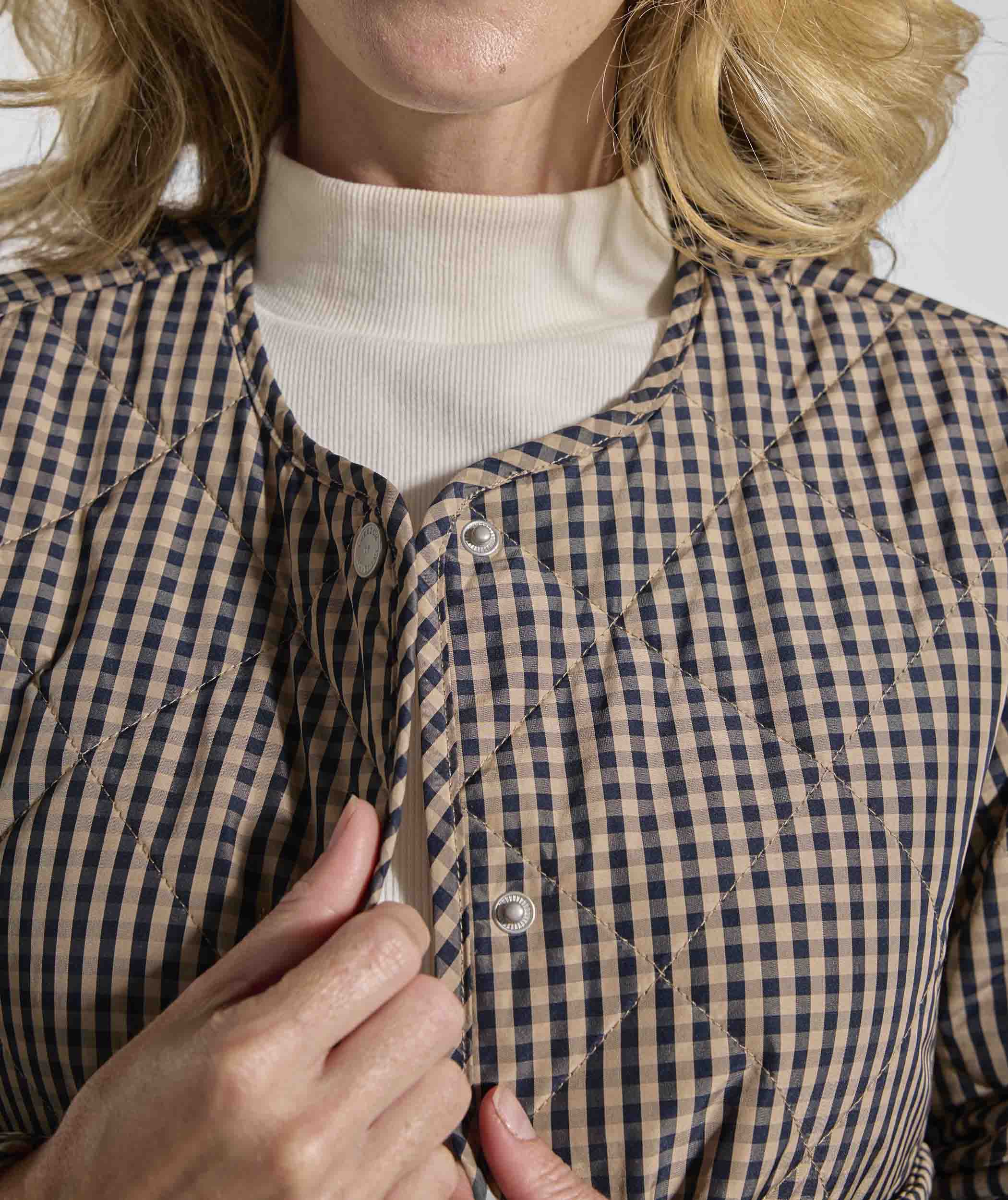 Ladies Check Quilted Jacket - Navy & Stone