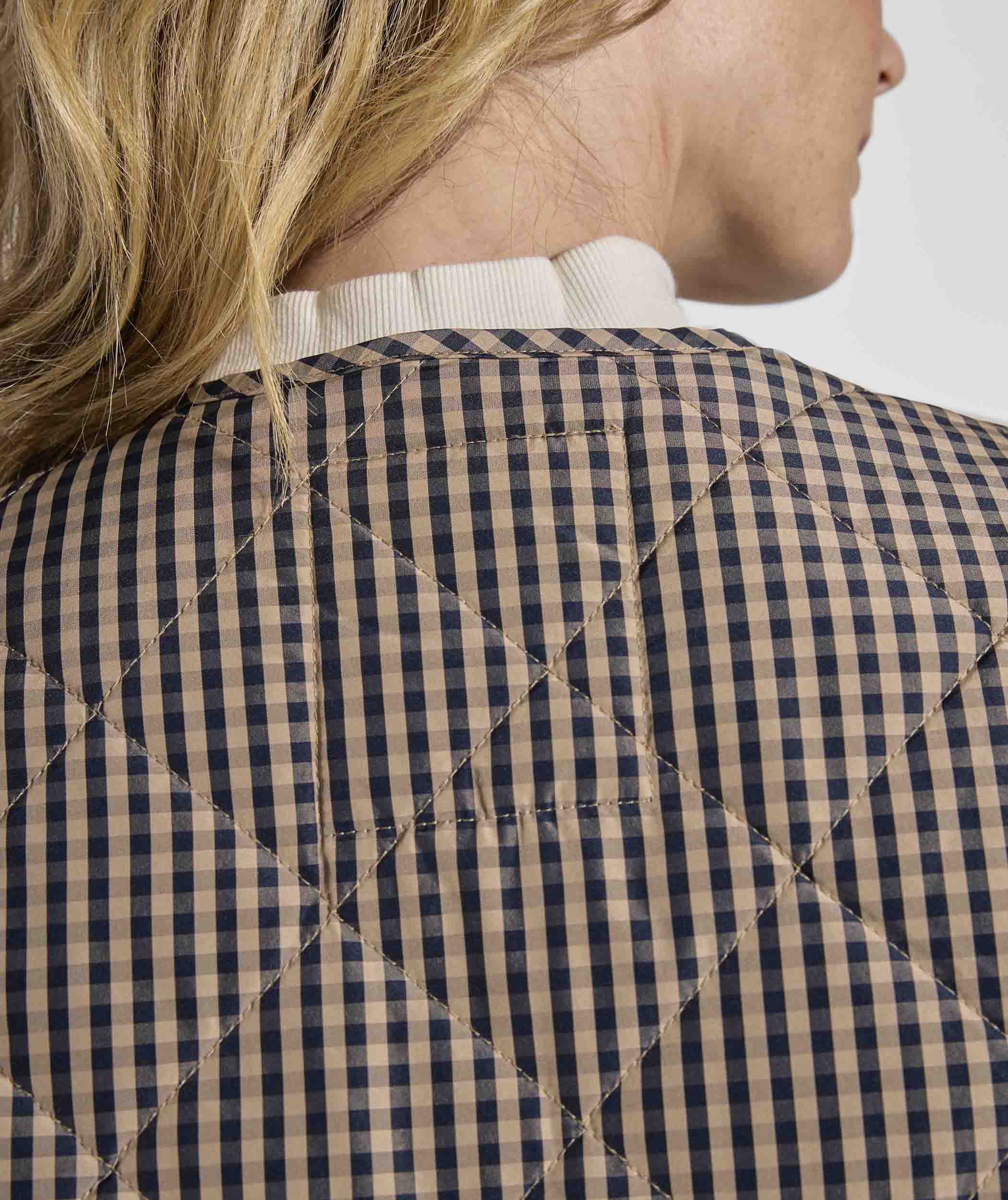 Ladies Check Quilted Jacket - Navy & Stone