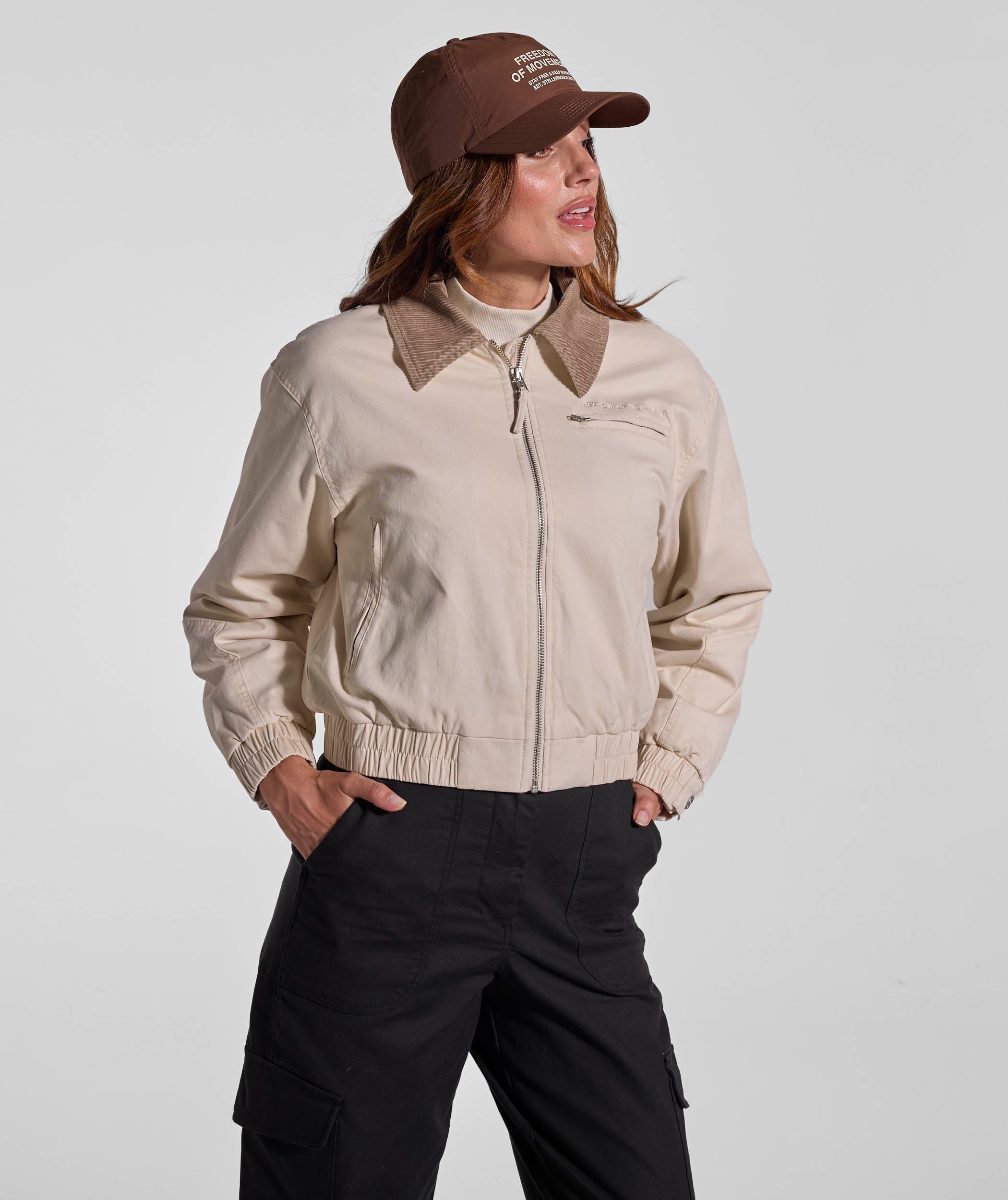 Ladies Cord Collar Bomber Jacket - Stone